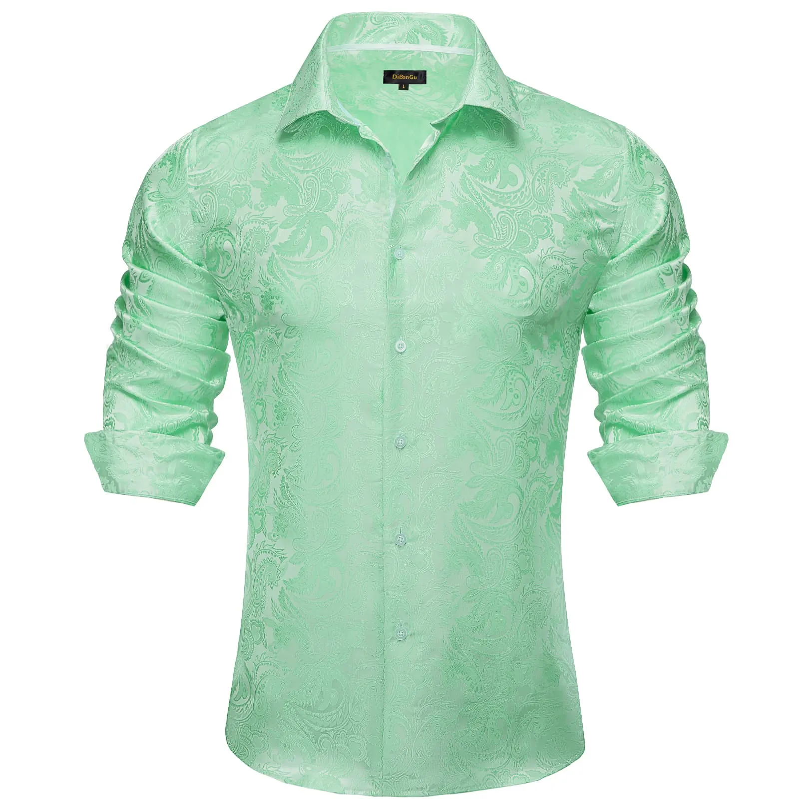 DiBanGu Collared Shirt Turquoise Green Paisley Silk Button Down Long Sleeve Shirt for Men