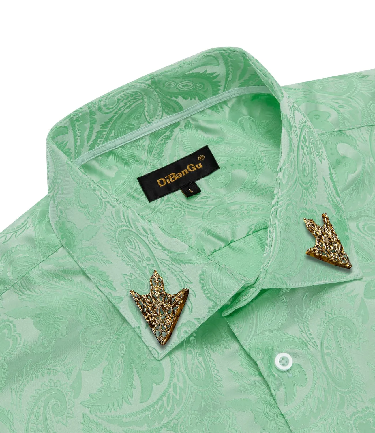 DiBanGu Collared Shirt Turquoise Green Paisley Silk Button Down Long Sleeve Shirt for Men