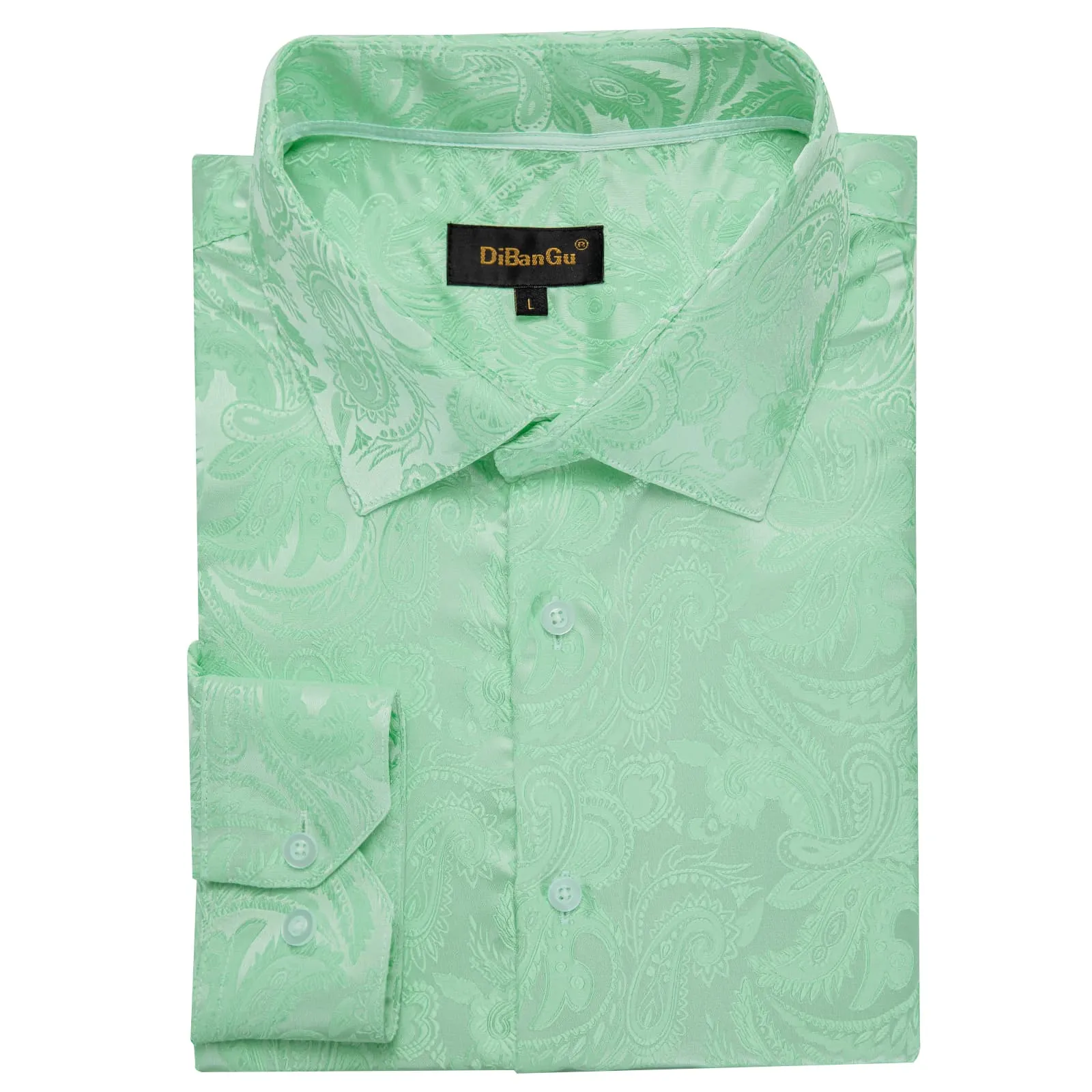 DiBanGu Collared Shirt Turquoise Green Paisley Silk Button Down Long Sleeve Shirt for Men