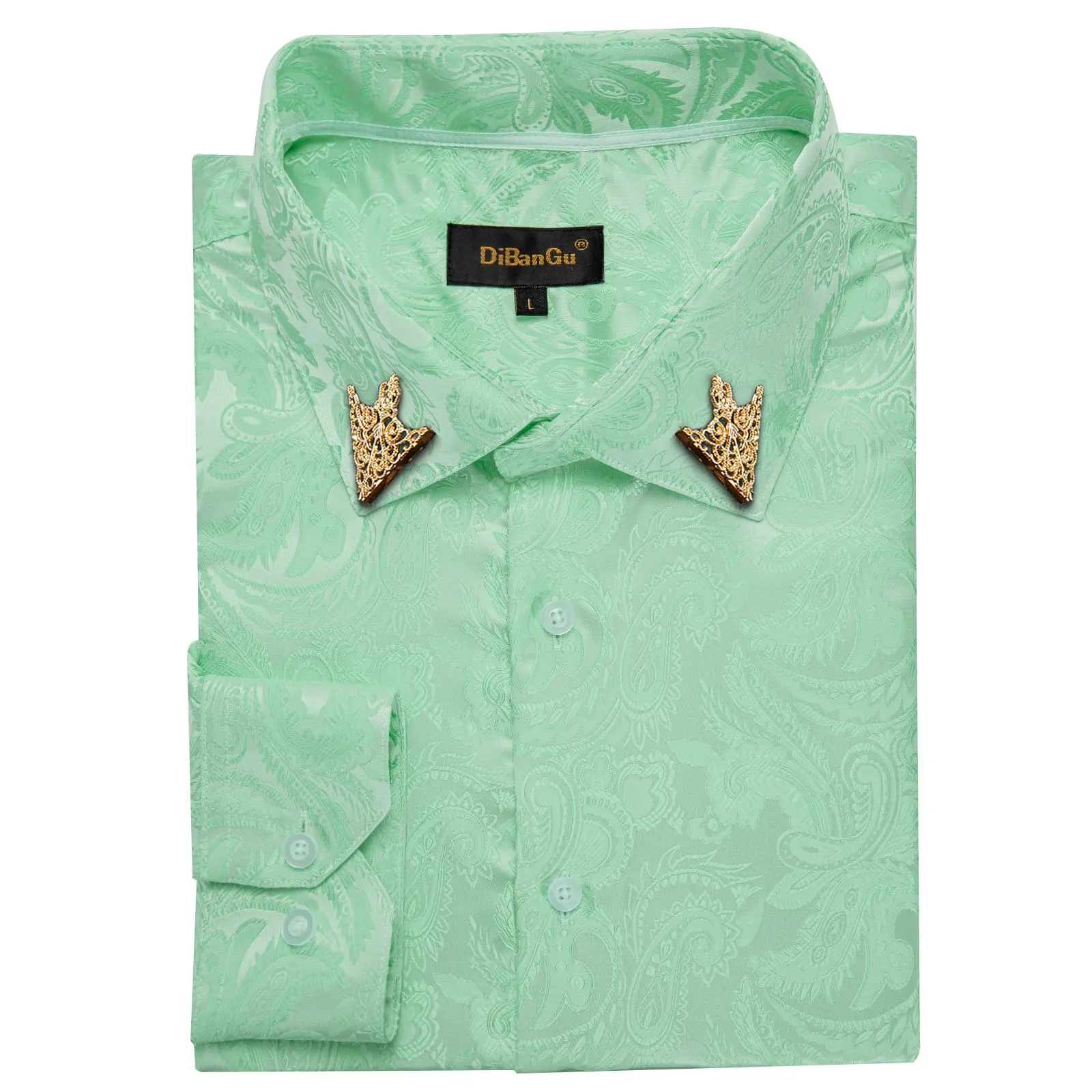 DiBanGu Collared Shirt Turquoise Green Paisley Silk Button Down Long Sleeve Shirt for Men