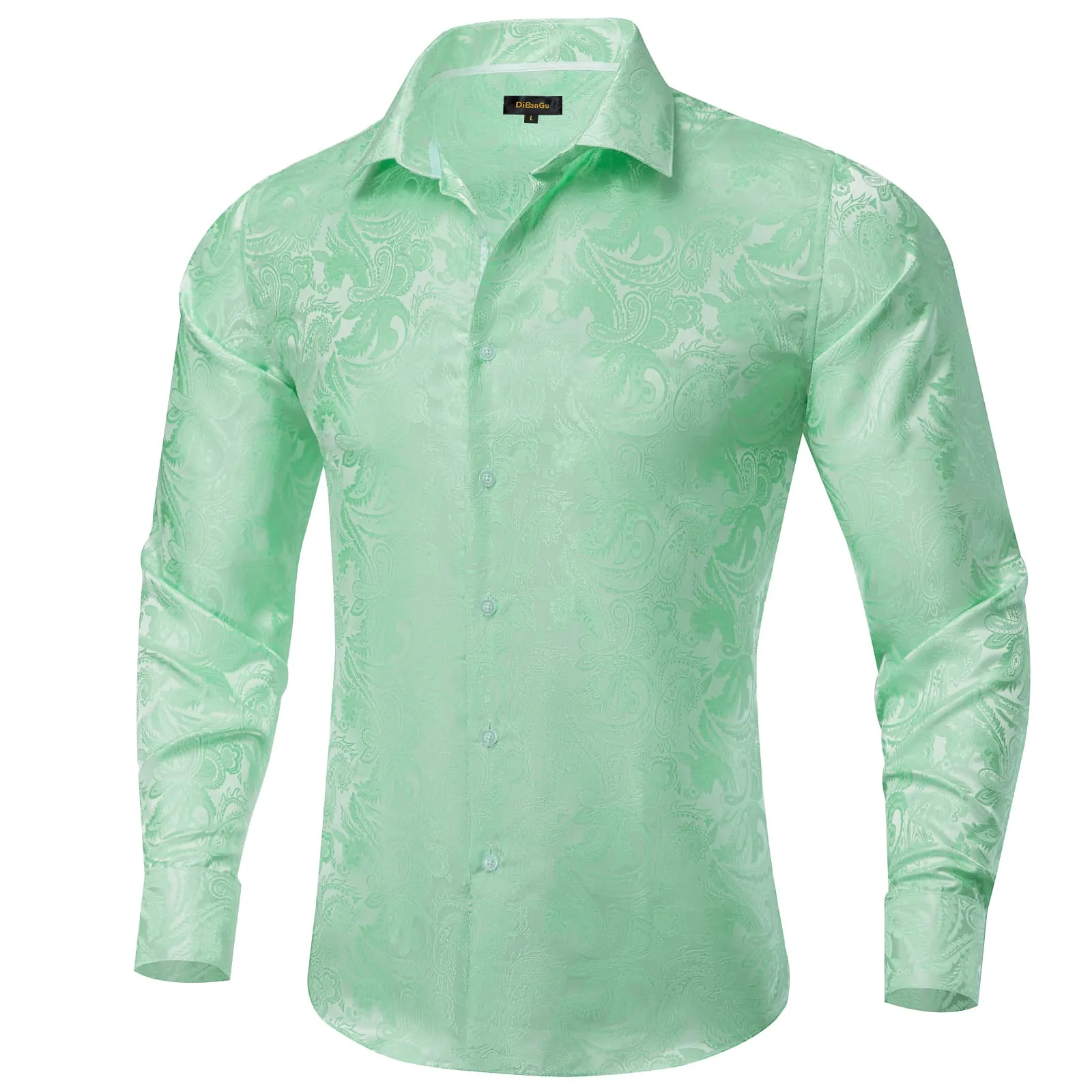 DiBanGu Collared Shirt Turquoise Green Paisley Silk Button Down Long Sleeve Shirt for Men