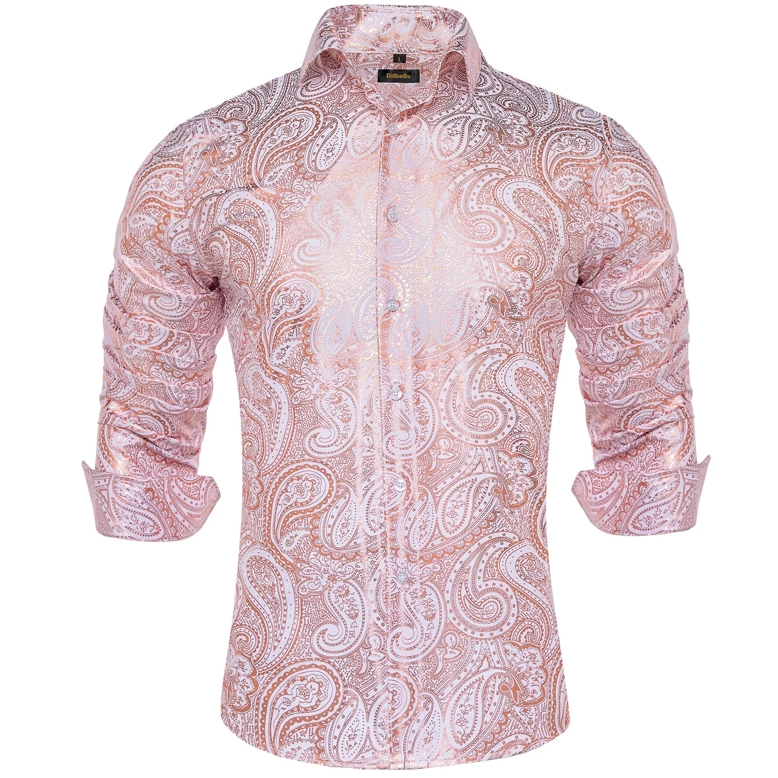 DiBanGu Dress Shirt Champagne Floral Button Down Long Sleeve Mens Shirt Top