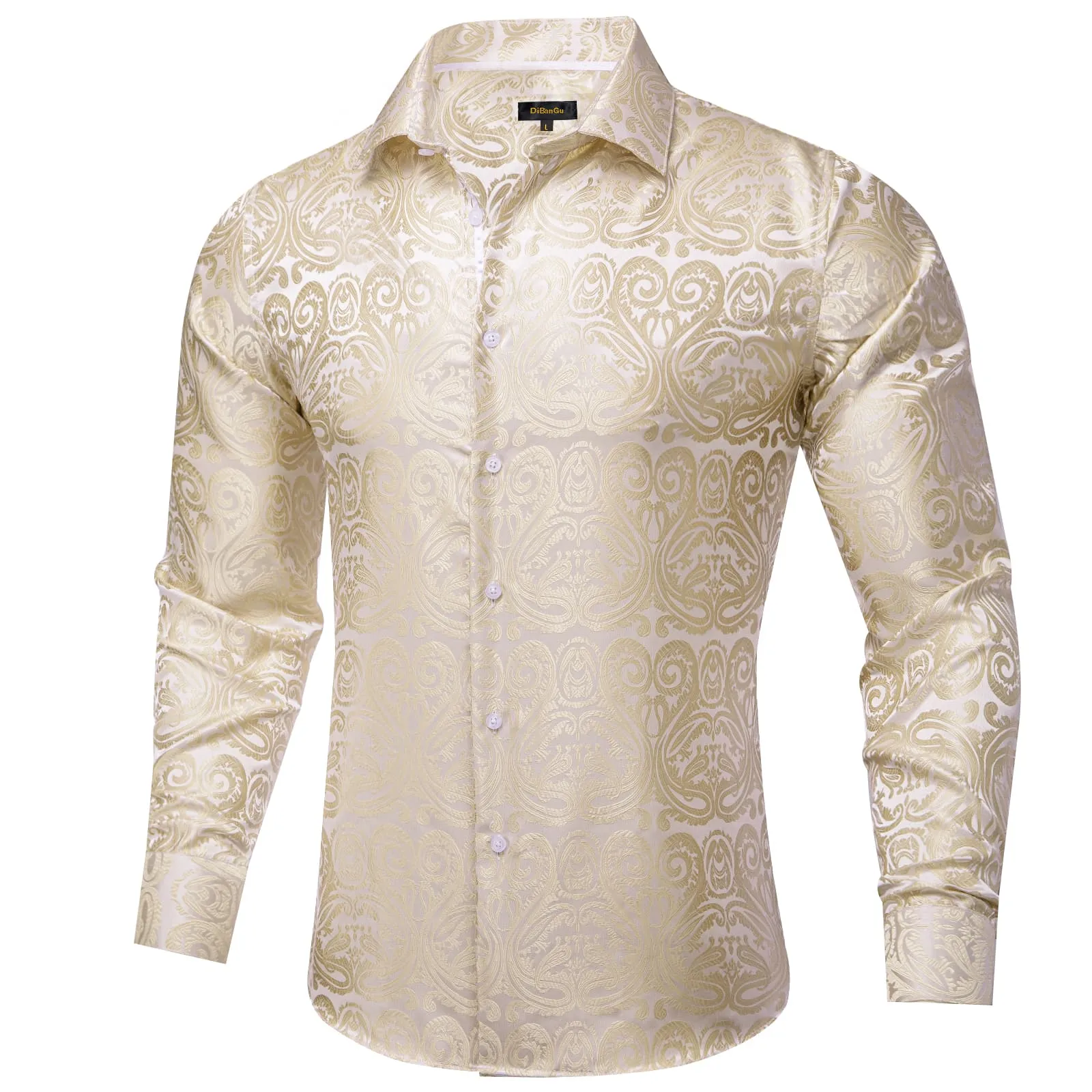 DiBanGu Dress Shirt Champagne Floral Button Down Long Sleeve Mens Shirt Top