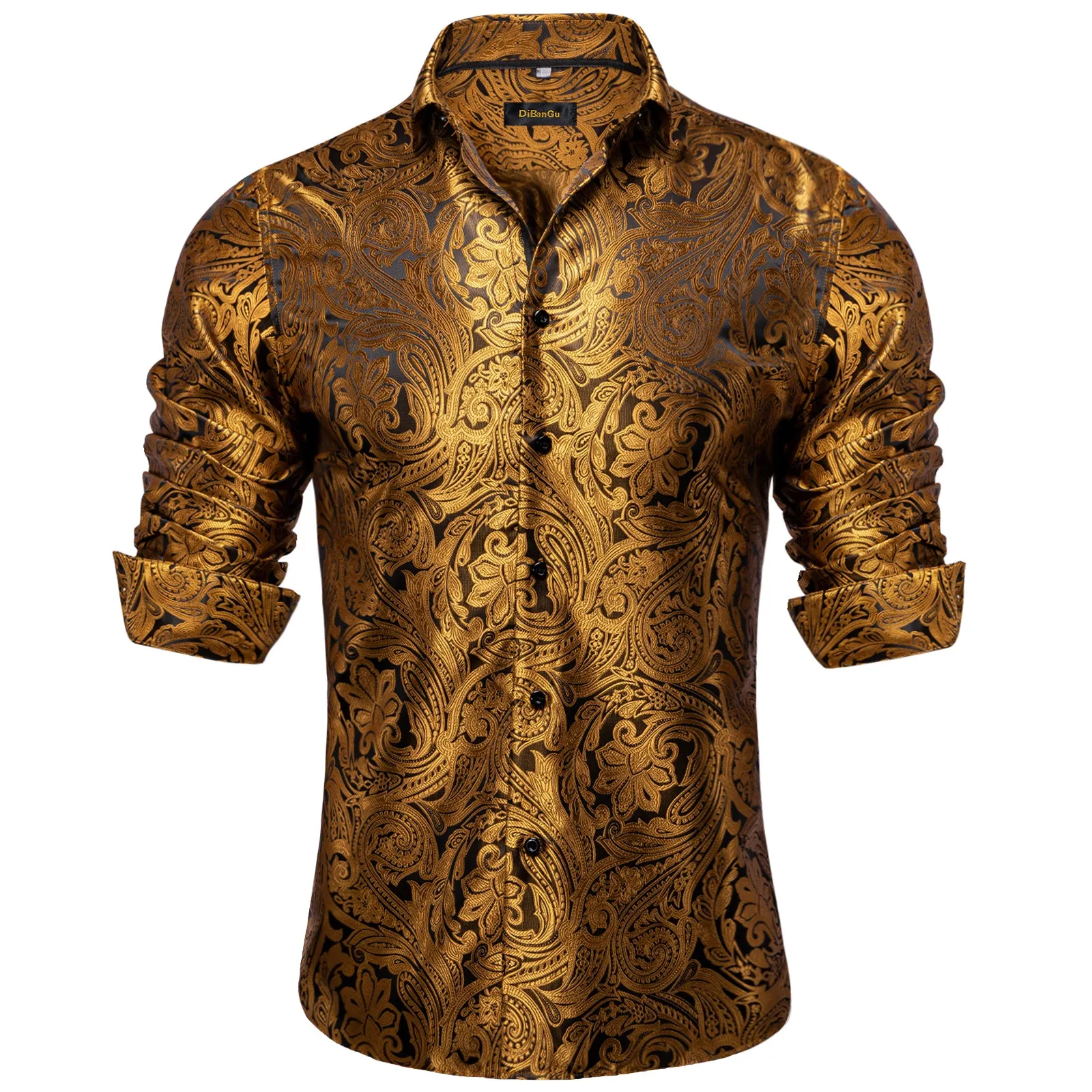 DiBanGu Dress Shirt Champagne Floral Button Down Long Sleeve Mens Shirt Top