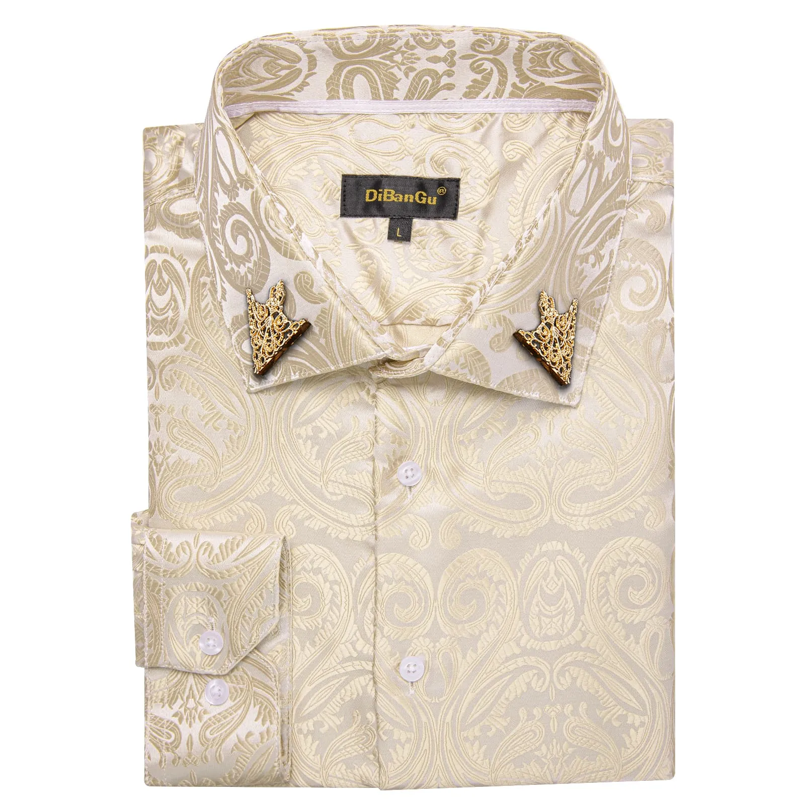 DiBanGu Dress Shirt Champagne Floral Button Down Long Sleeve Mens Shirt Top