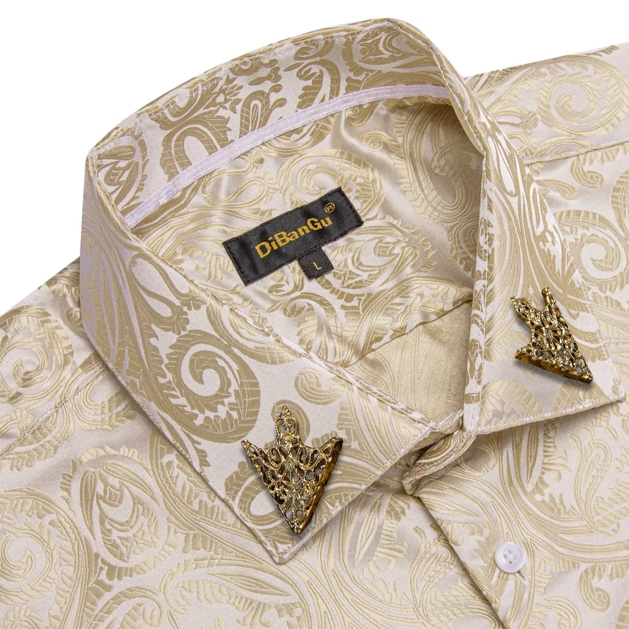 DiBanGu Dress Shirt Champagne Floral Button Down Long Sleeve Mens Shirt Top