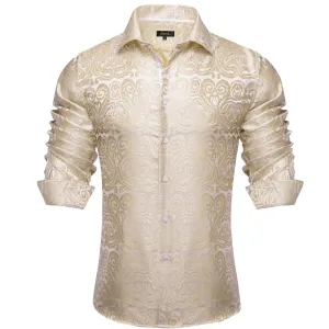 DiBanGu Dress Shirt Champagne Floral Button Down Long Sleeve Mens Shirt Top