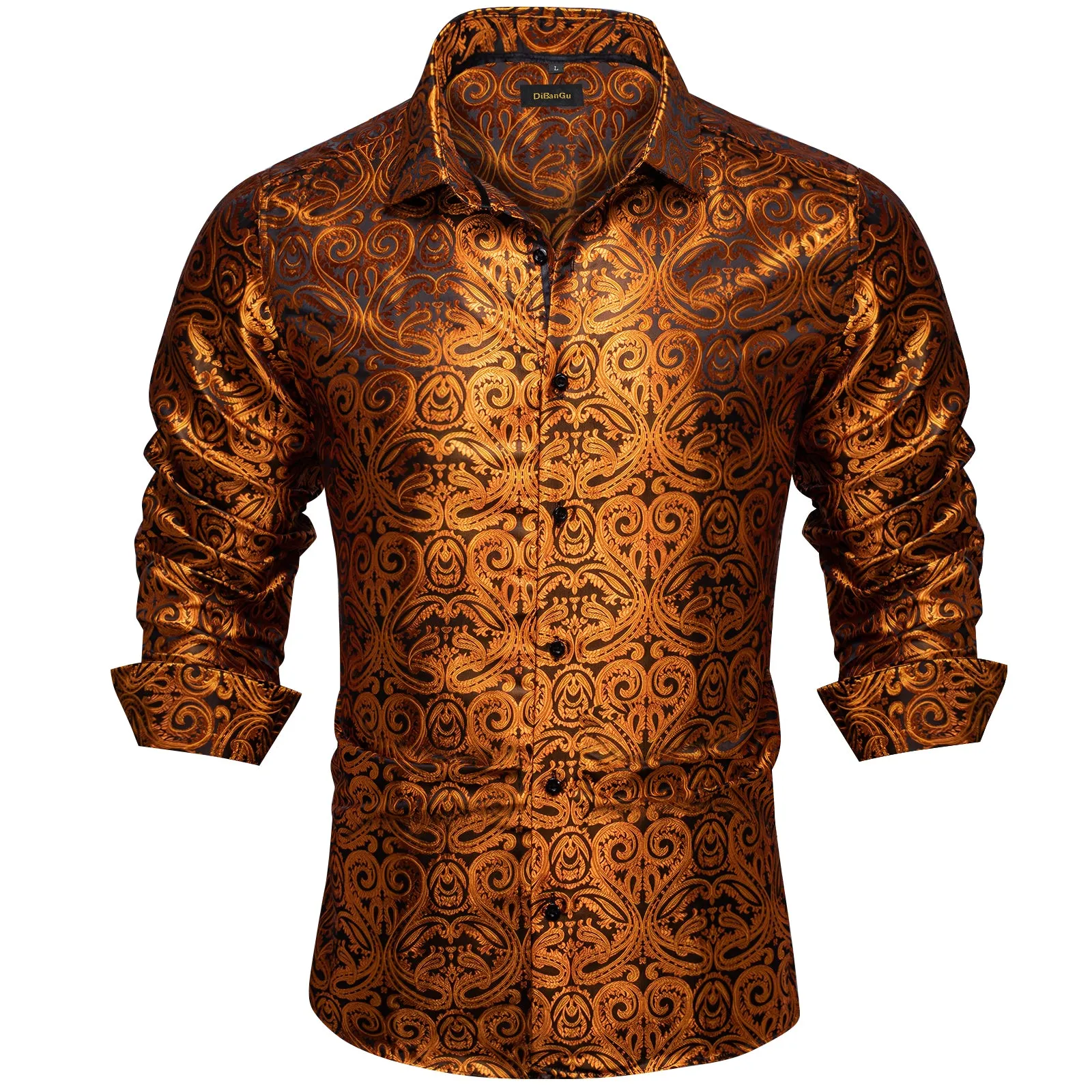 DiBanGu Dress Shirt Champagne Floral Button Down Long Sleeve Mens Shirt Top