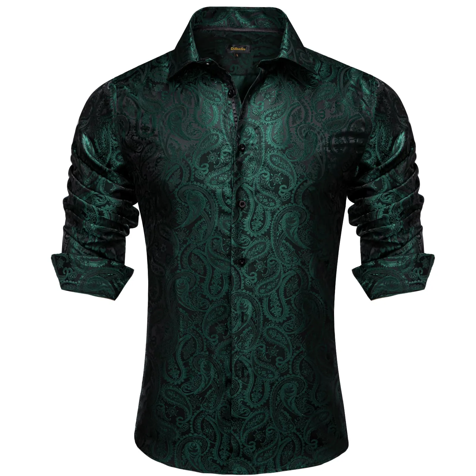 DiBanGu Dress Shirt Dark Jungle Green Paisley Button Down Long Sleeve Shirt for Men