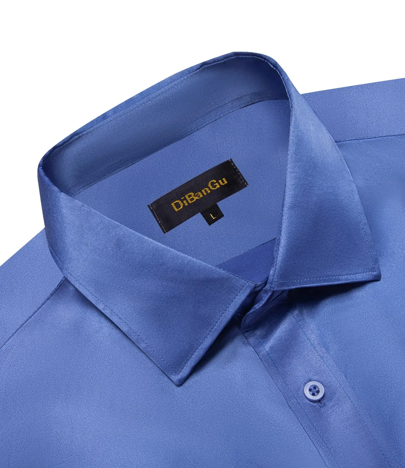 DiBanGu Dress Shirt Summer Deep Blue Solid Silk Men's Short Sleeve Button-Up Shirt