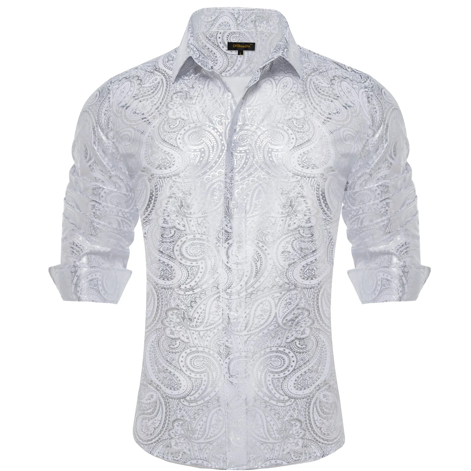 DiBanGu Light Grey Paisley Hot Stamping Button Up Long Sleeve Shirt for Men