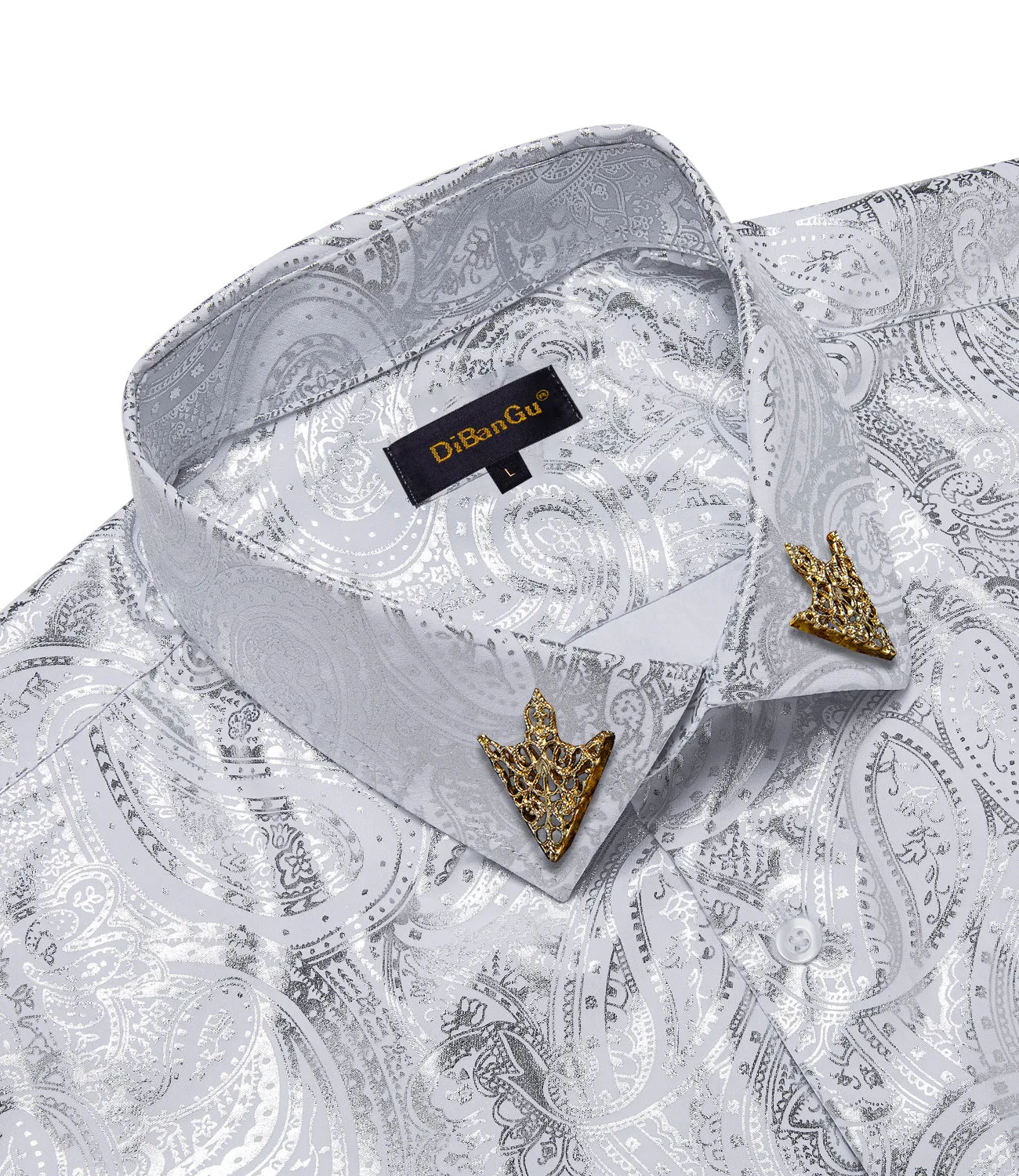 DiBanGu Light Grey Paisley Hot Stamping Button Up Long Sleeve Shirt for Men