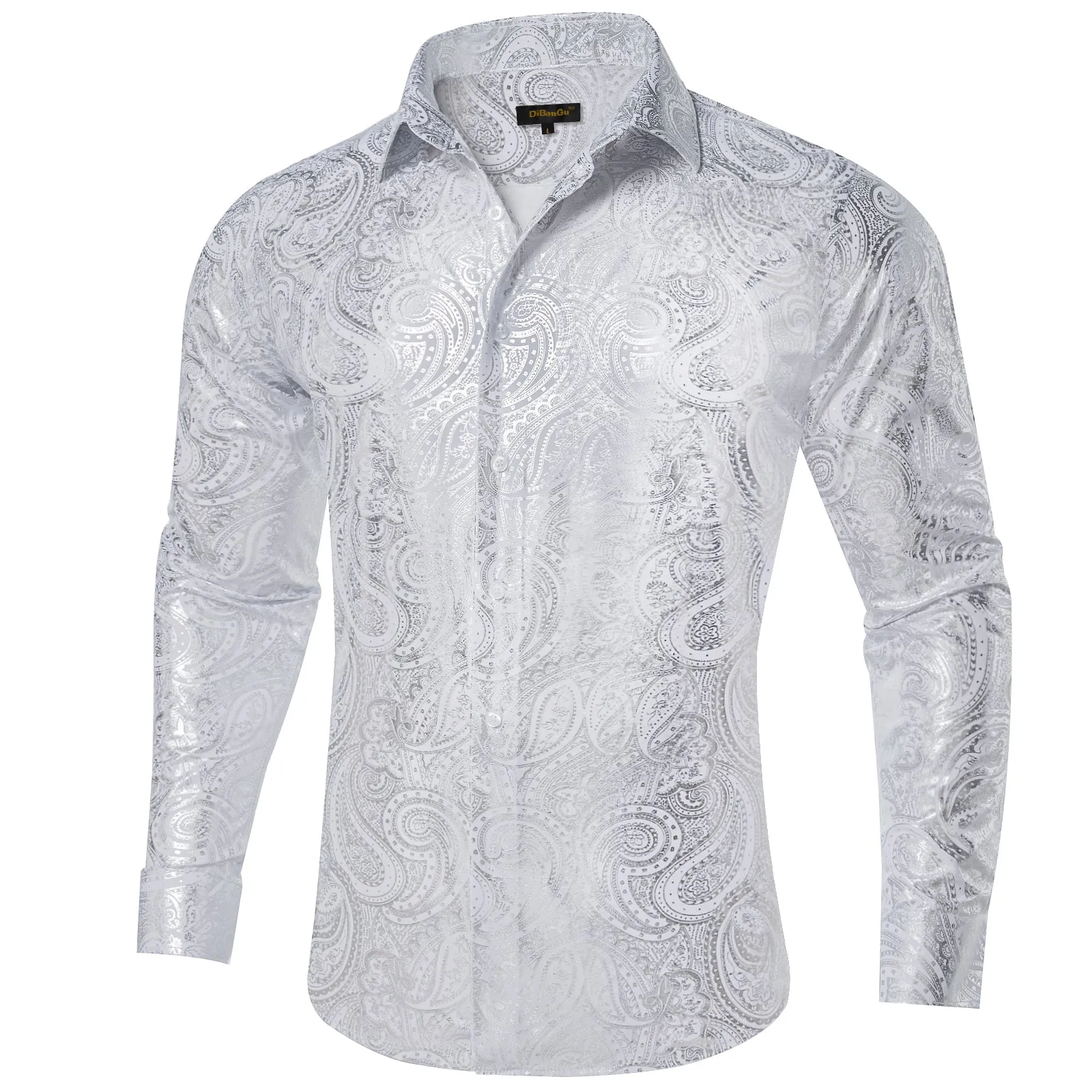 DiBanGu Light Grey Paisley Hot Stamping Button Up Long Sleeve Shirt for Men