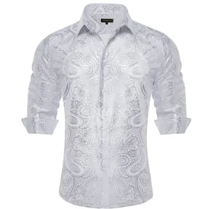 DiBanGu Light Grey Paisley Hot Stamping Button Up Long Sleeve Shirt for Men