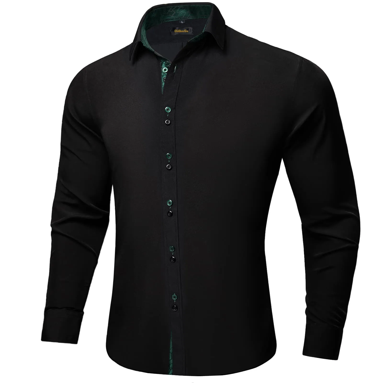 DiBanGu Mens Dress Shirt Black Solid Green Geometric Splicing Button Down Shirt