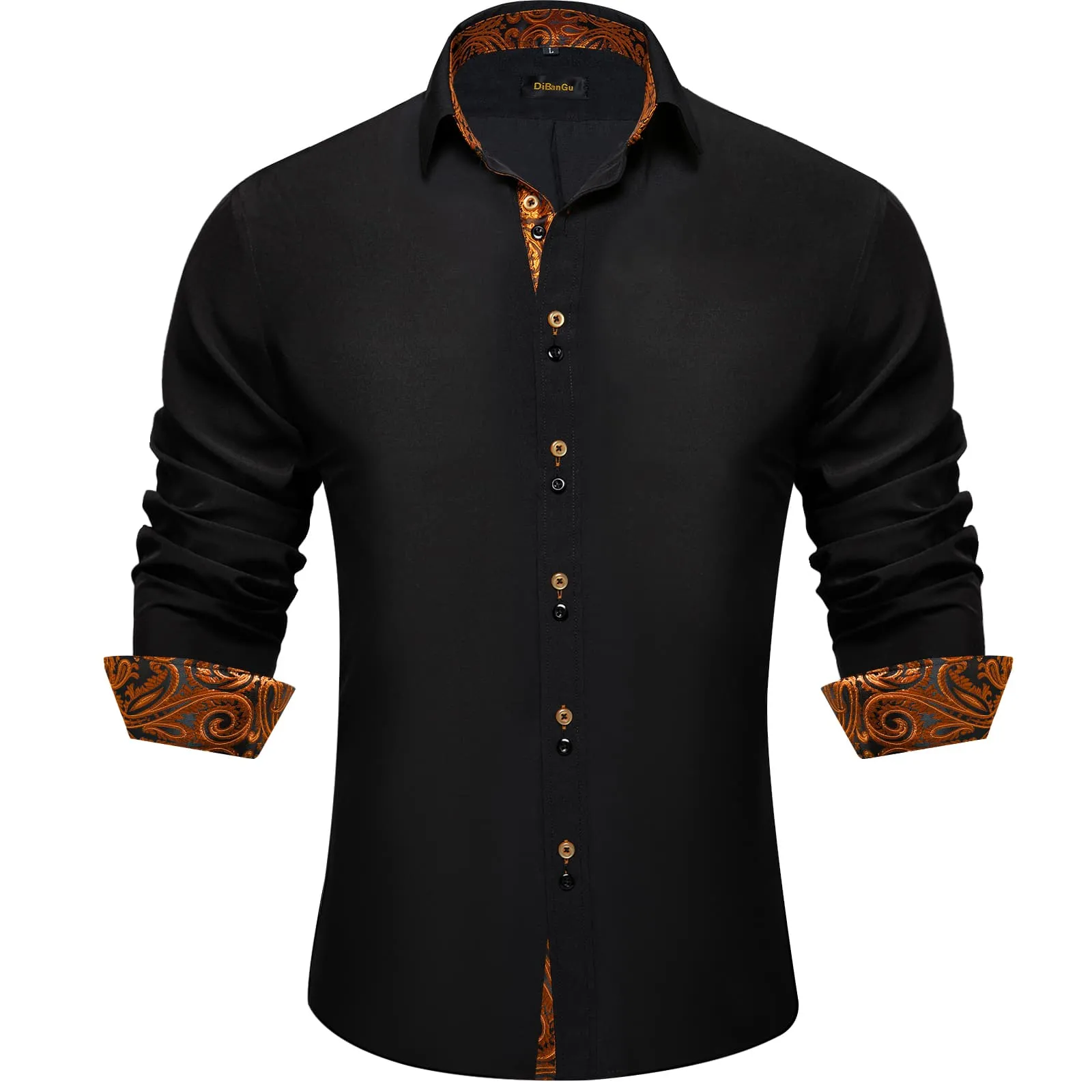 DiBanGu Mens Dress Shirt Black Solid Orange Paisley Splicing Silk Shirt