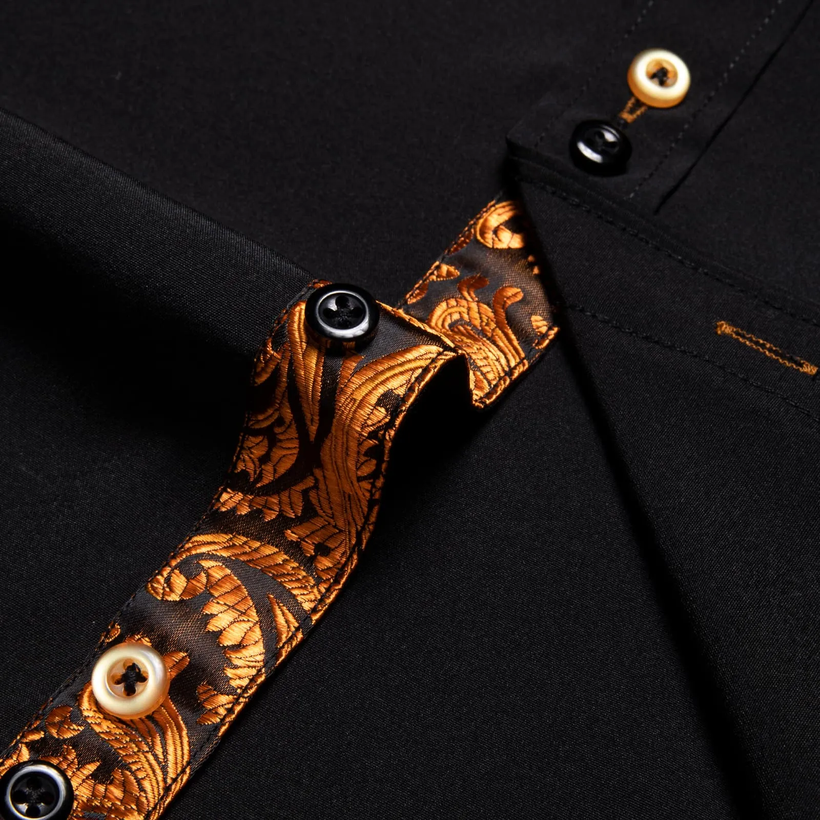 DiBanGu Mens Dress Shirt Black Solid Orange Paisley Splicing Silk Shirt