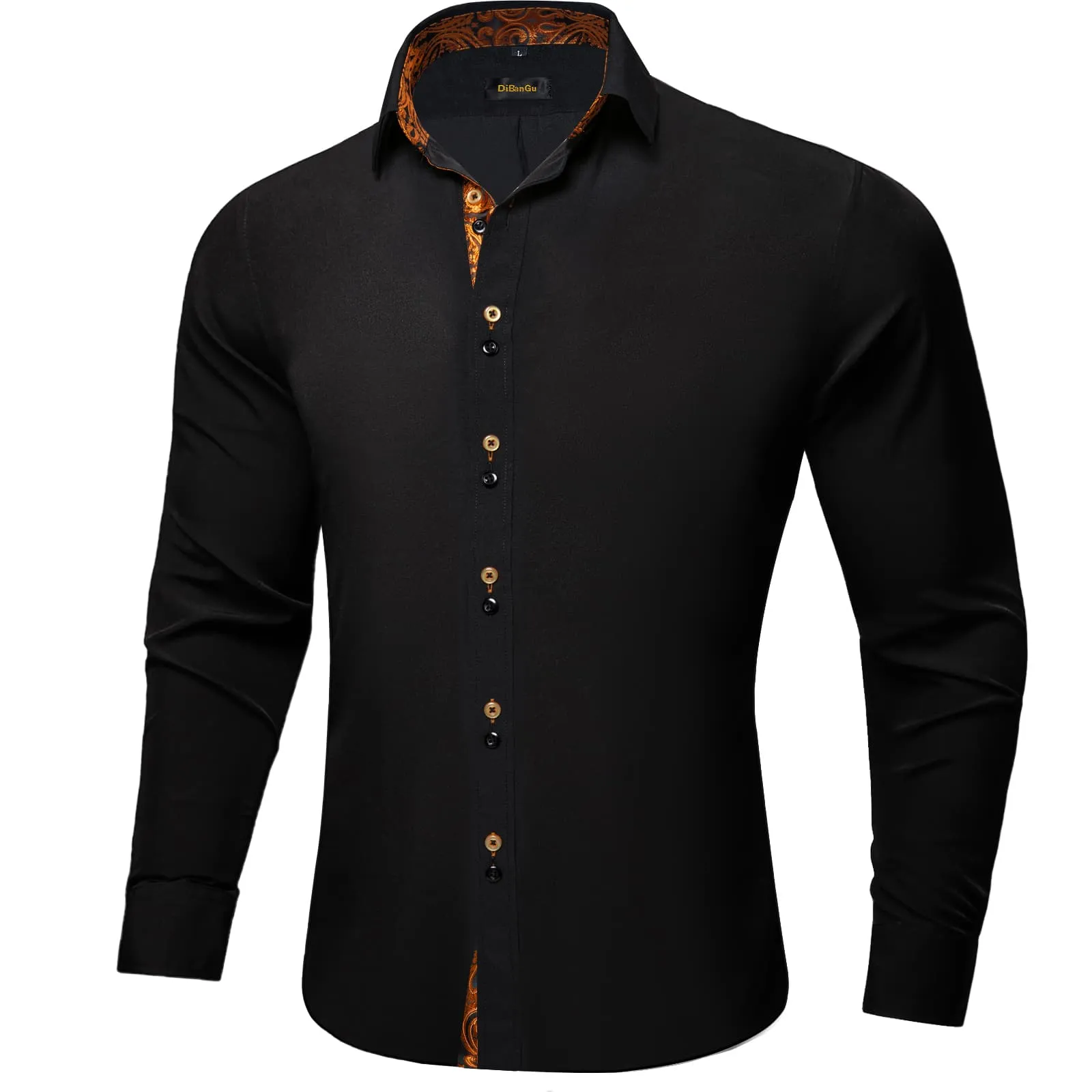 DiBanGu Mens Dress Shirt Black Solid Orange Paisley Splicing Silk Shirt