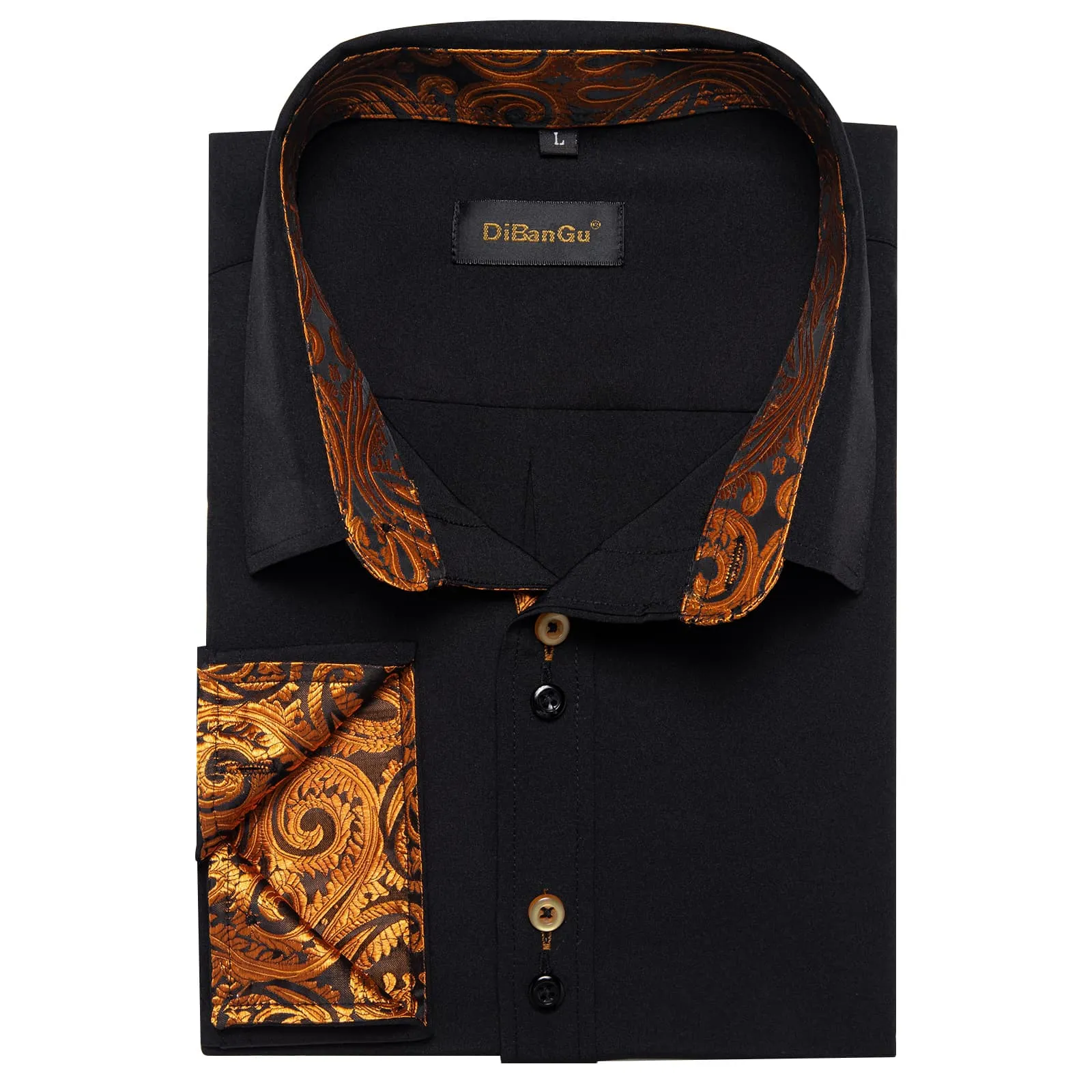 DiBanGu Mens Dress Shirt Black Solid Orange Paisley Splicing Silk Shirt