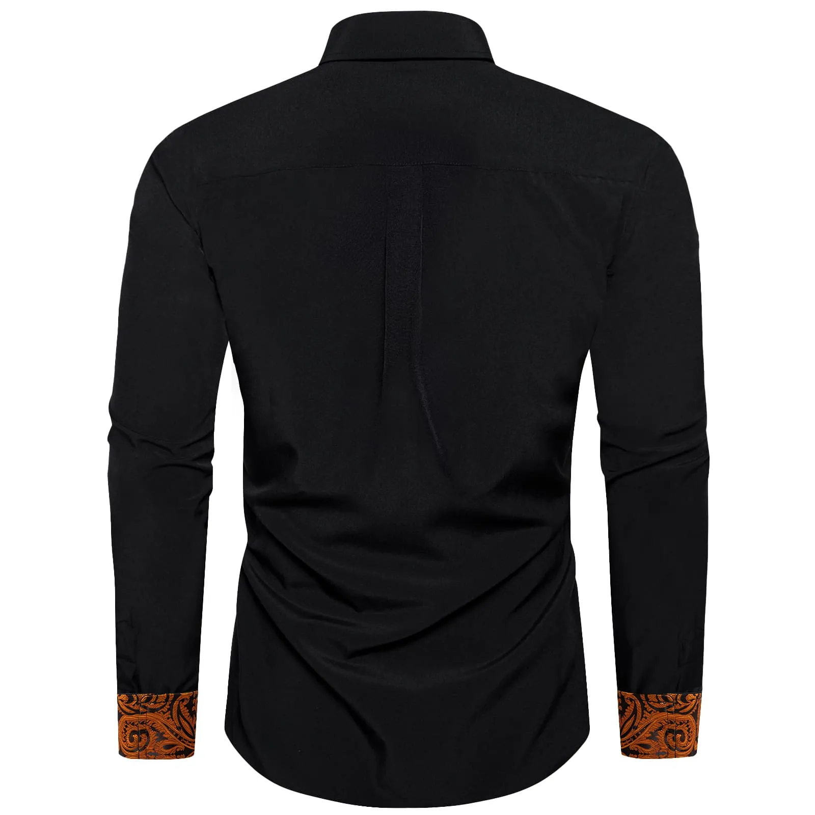 DiBanGu Mens Dress Shirt Black Solid Orange Paisley Splicing Silk Shirt