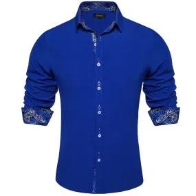 DiBanGu Mens Dress Shirt Solid Azure Blue Splicing Silk Button Down Shirt