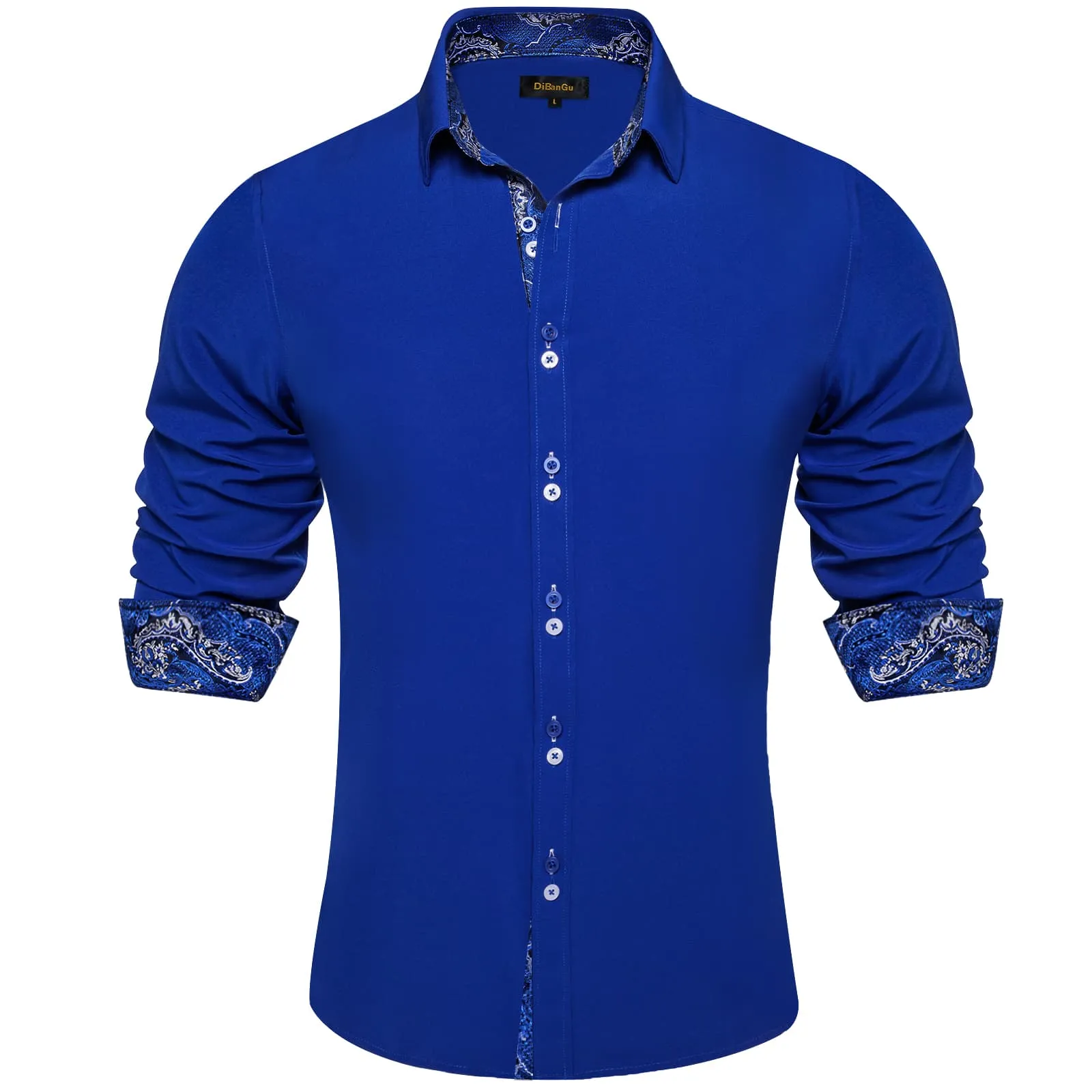 DiBanGu Mens Dress Shirt Solid Azure Blue Splicing Silk Button Down Shirt