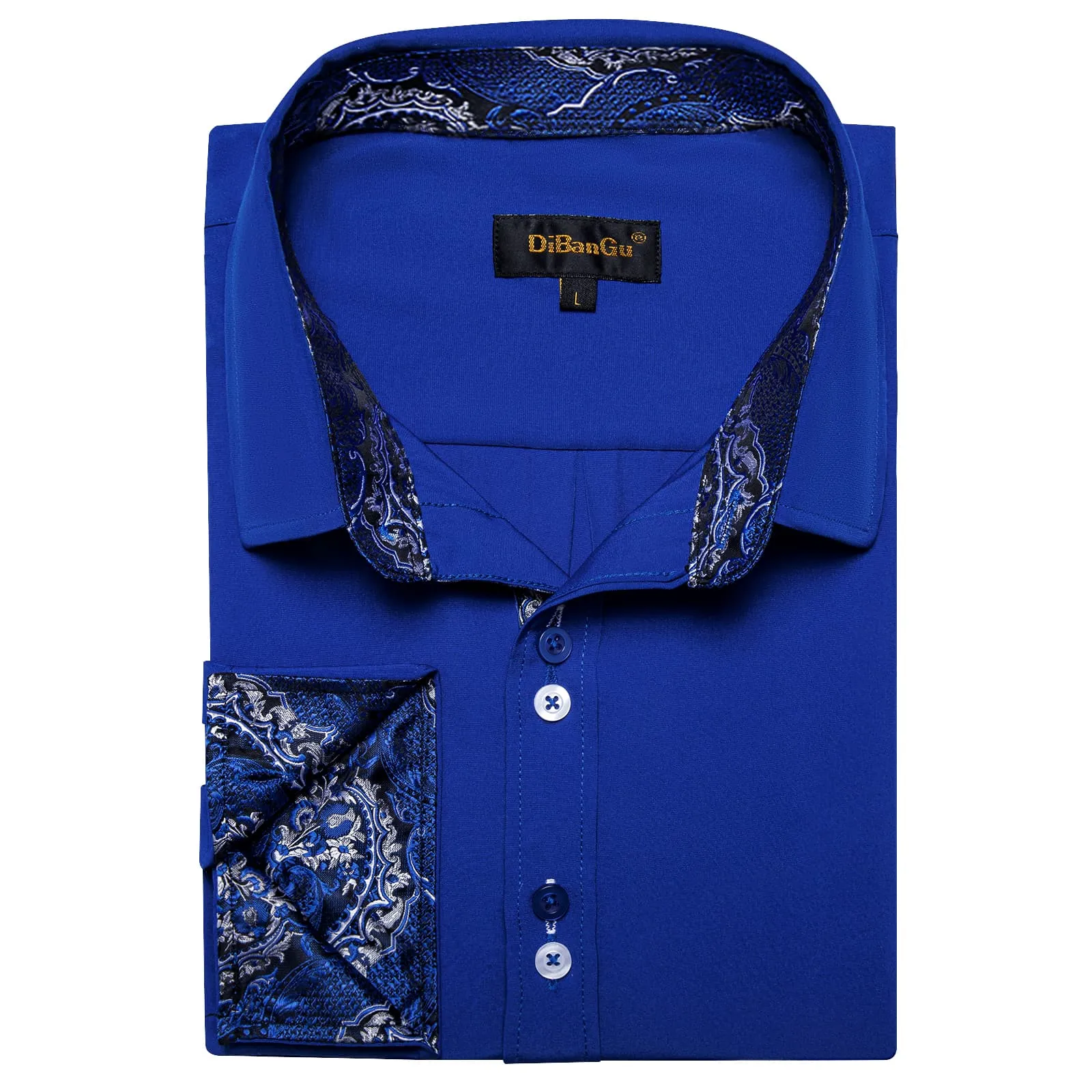 DiBanGu Mens Dress Shirt Solid Azure Blue Splicing Silk Button Down Shirt