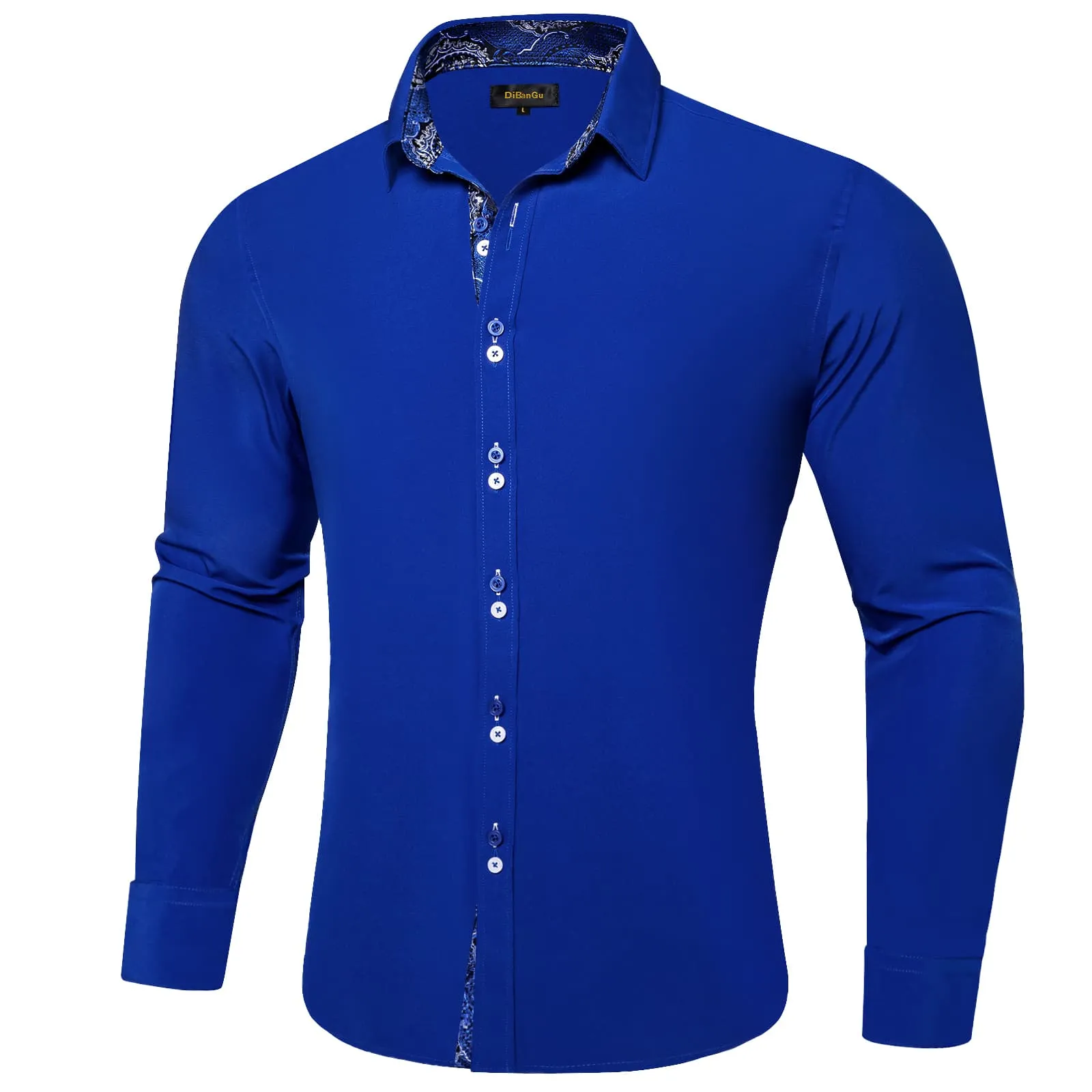 DiBanGu Mens Dress Shirt Solid Azure Blue Splicing Silk Button Down Shirt