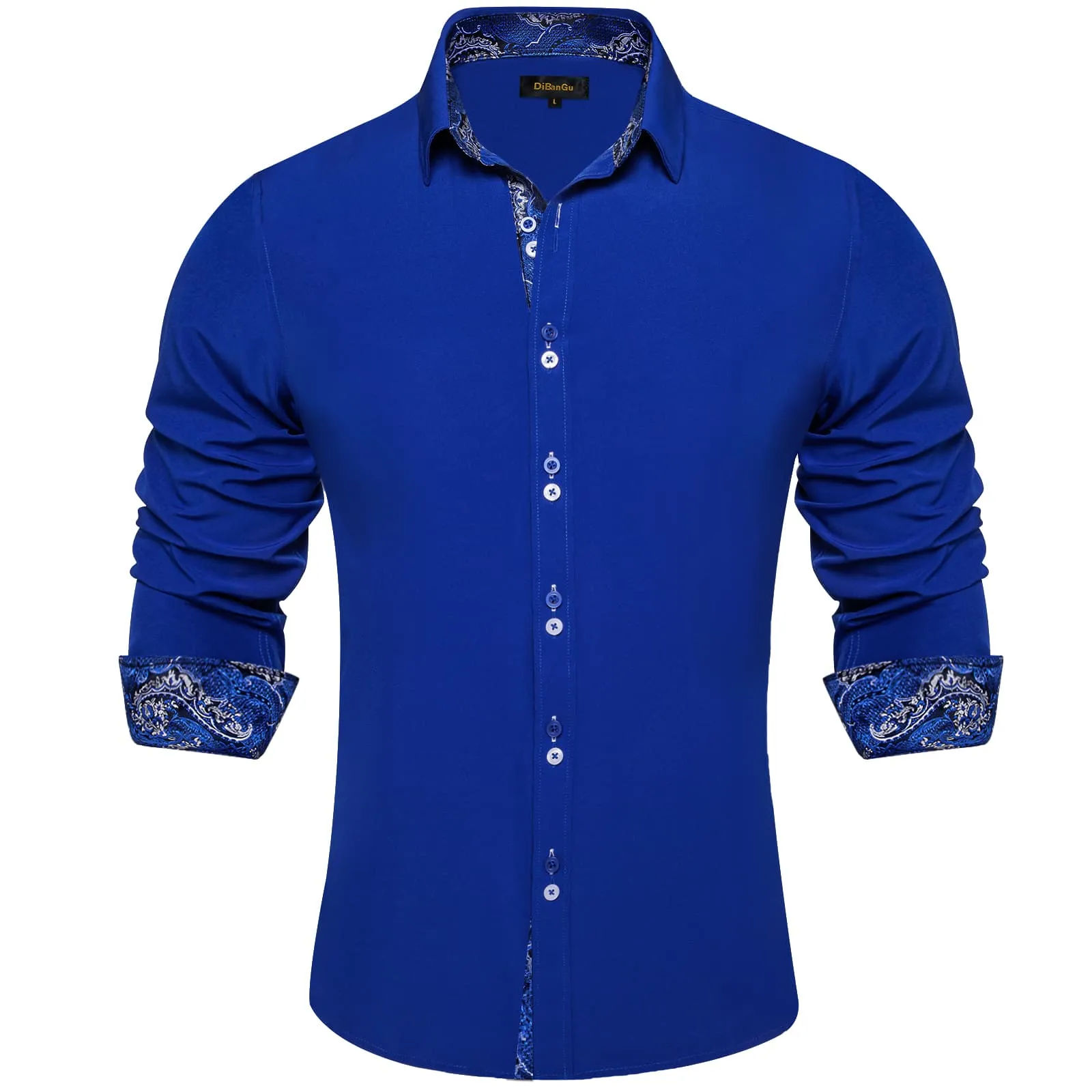 DiBanGu Mens Dress Shirt Solid Azure Blue Splicing Silk Button Down Shirt