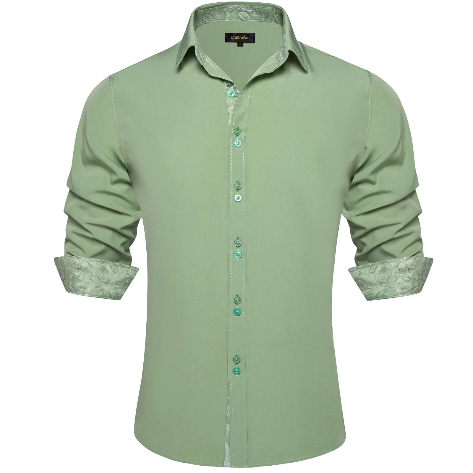 DiBanGu Mens Dress Shirt Solid Sage Green Splicing Silk Button Down Shirt