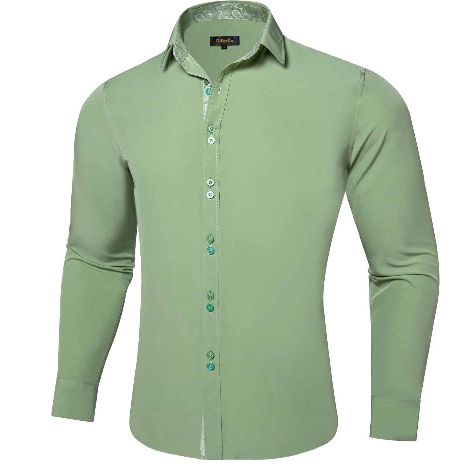 DiBanGu Mens Dress Shirt Solid Sage Green Splicing Silk Button Down Shirt