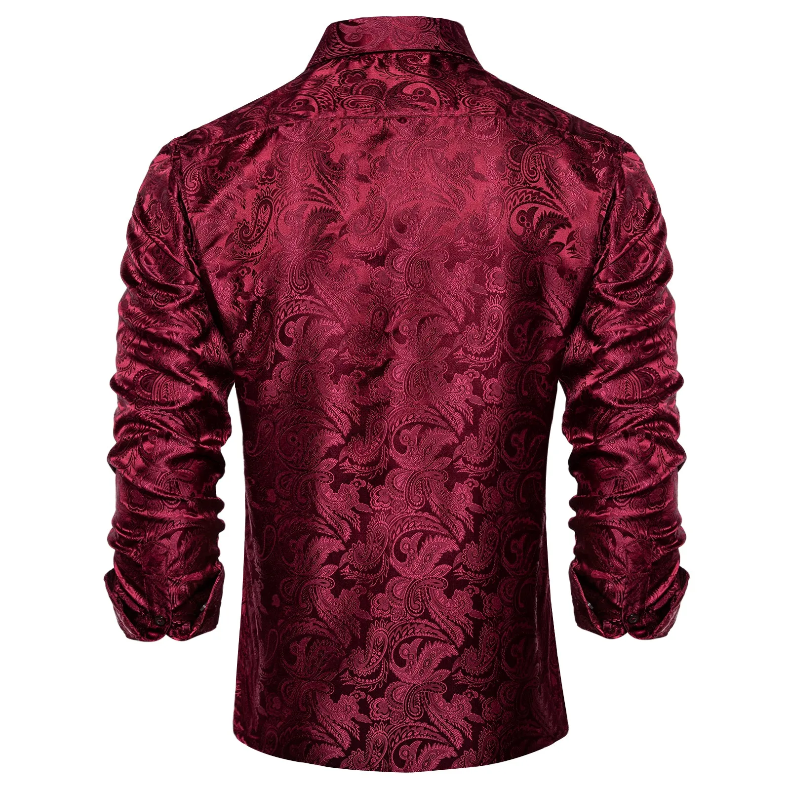 DiBanGu Men's Long Sleeve Shirt Burgundy Red Paisley Button Down Silk Shirt