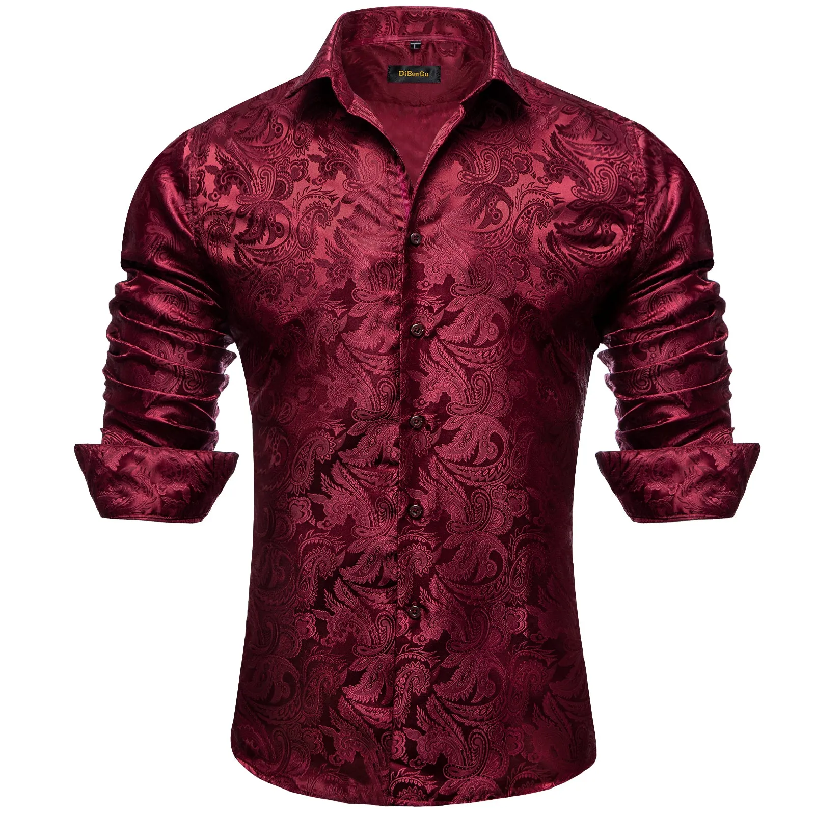 DiBanGu Men's Long Sleeve Shirt Burgundy Red Paisley Button Down Silk Shirt