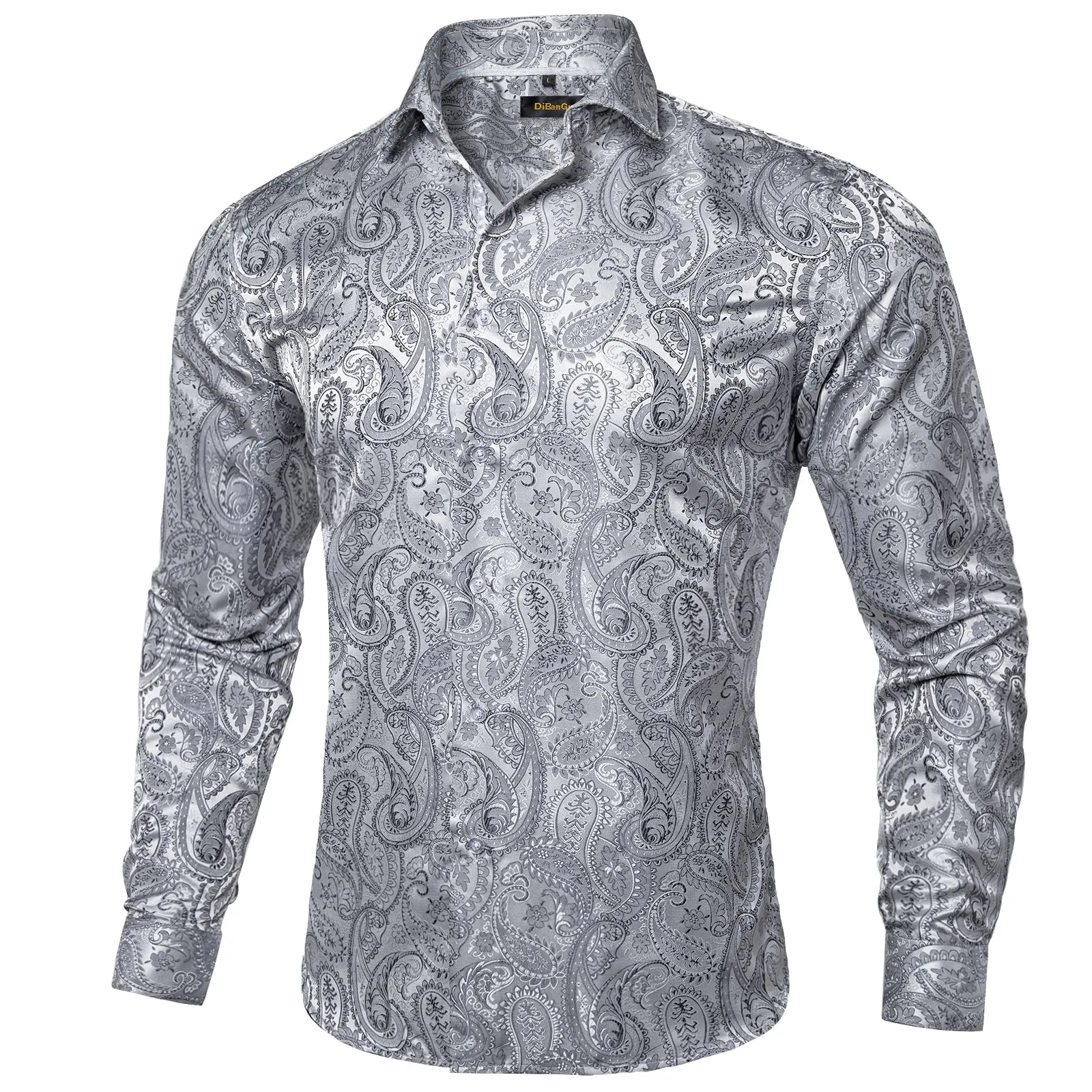 DiBanGu Men's Long Sleeve Shirt Grey Paisley Button Down Silk Shirt