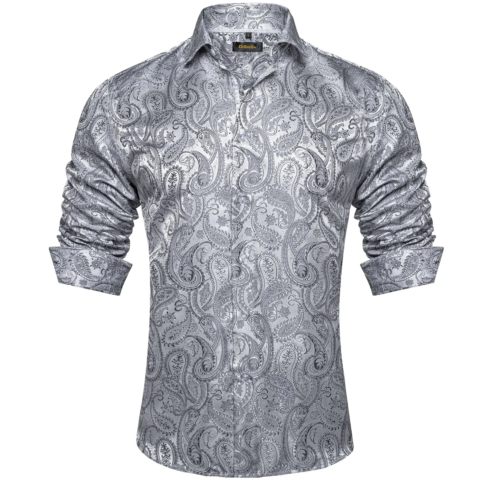 DiBanGu Men's Long Sleeve Shirt Grey Paisley Button Down Silk Shirt