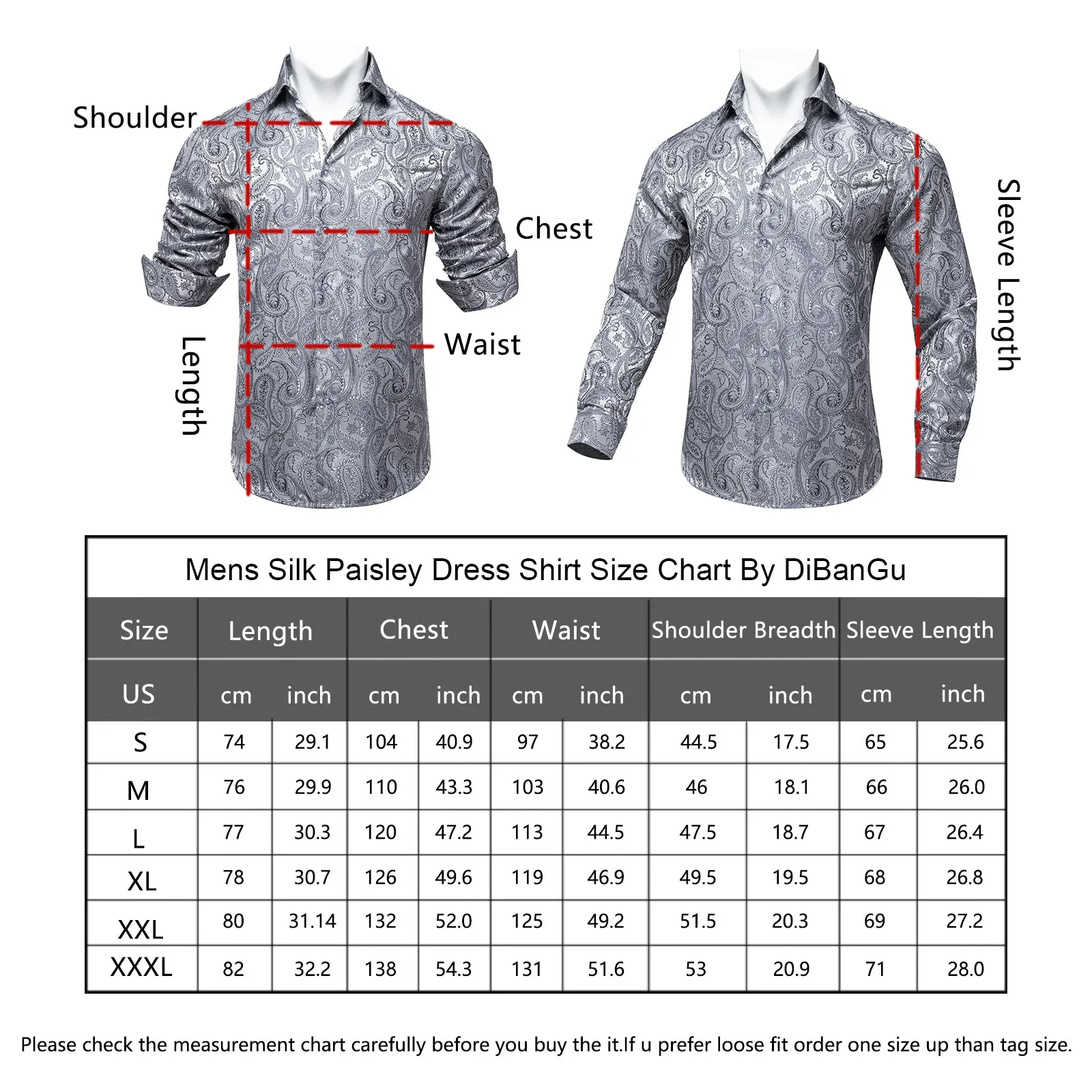 DiBanGu Men's Long Sleeve Shirt Grey Paisley Button Down Silk Shirt