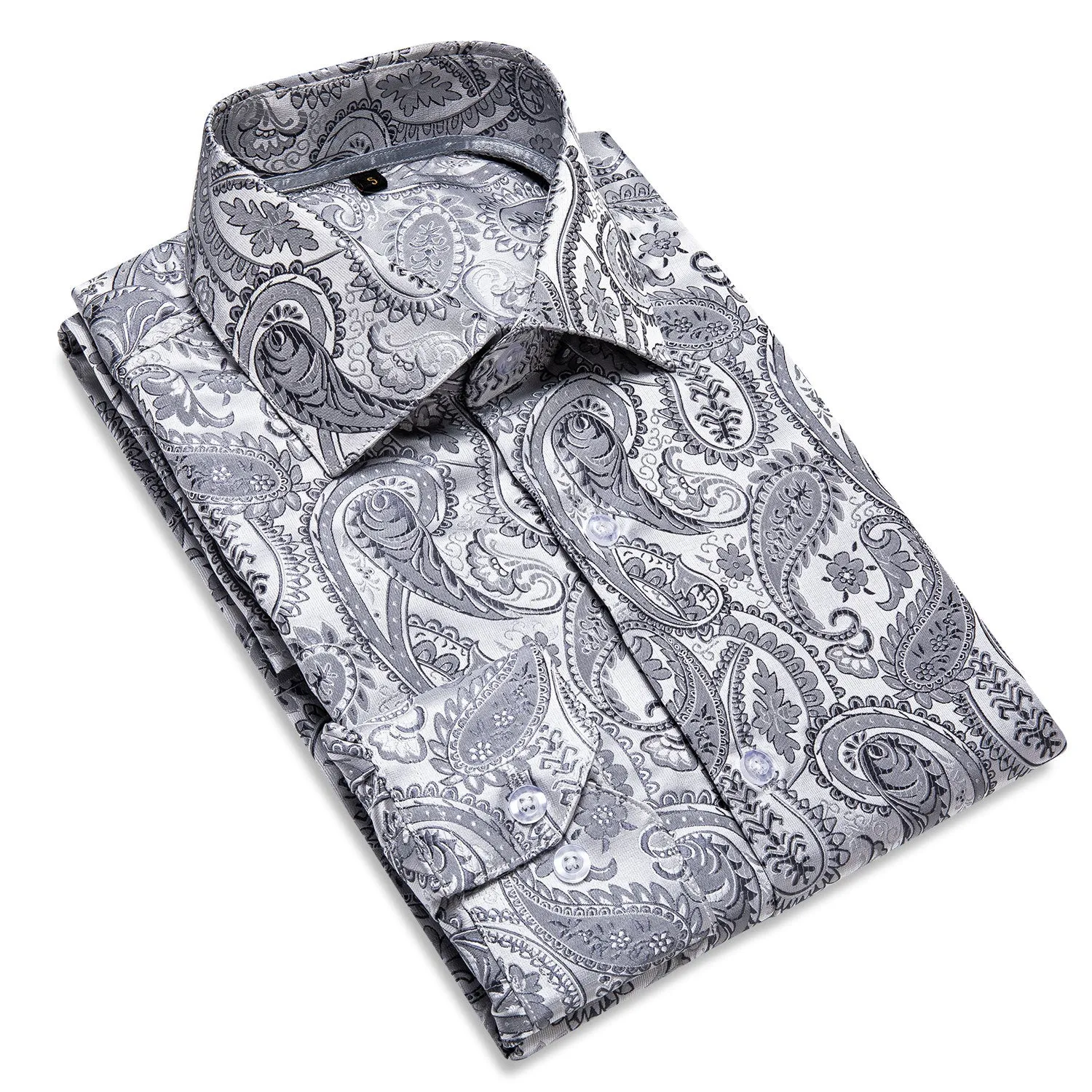 DiBanGu Men's Long Sleeve Shirt Grey Paisley Button Down Silk Shirt