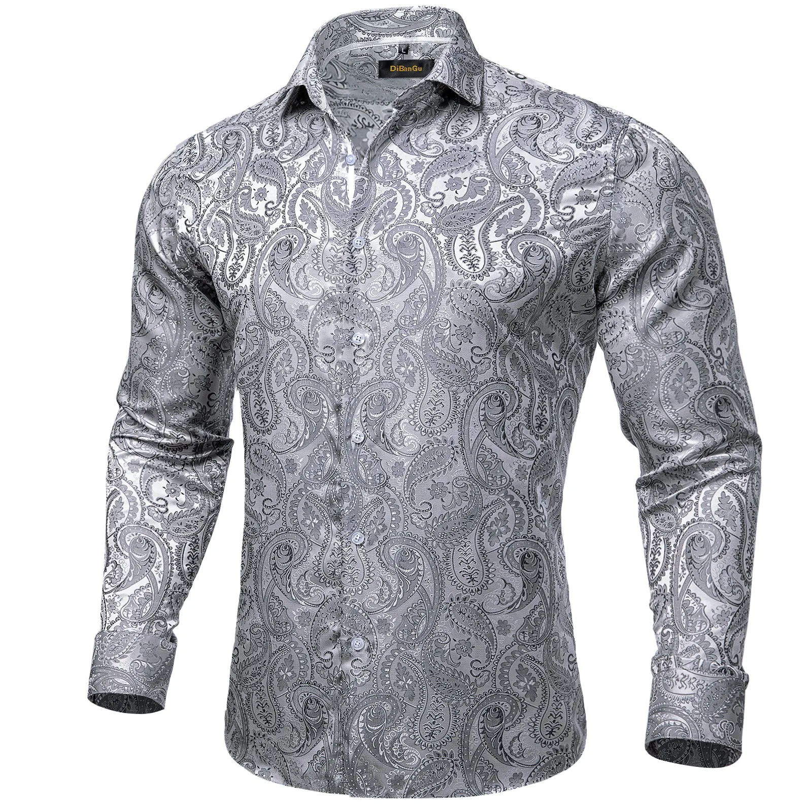 DiBanGu Men's Long Sleeve Shirt Grey Paisley Button Down Silk Shirt