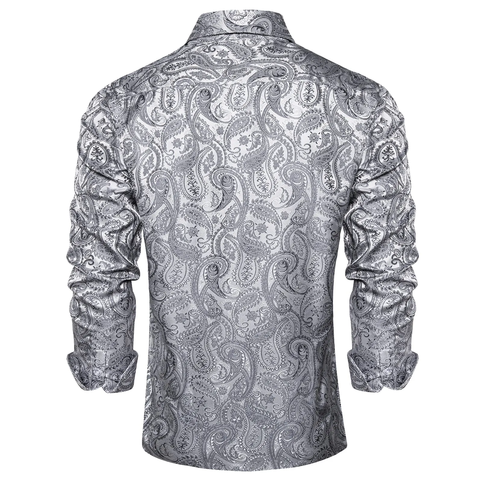 DiBanGu Men's Long Sleeve Shirt Grey Paisley Button Down Silk Shirt