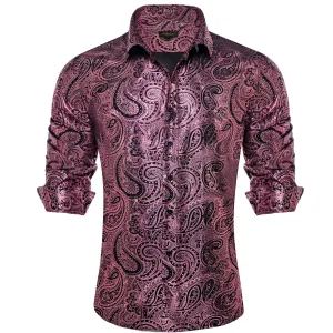 DiBanGu Rose Pink Paisley Hot Stamping Button Up Long Sleeve Shirt for Men