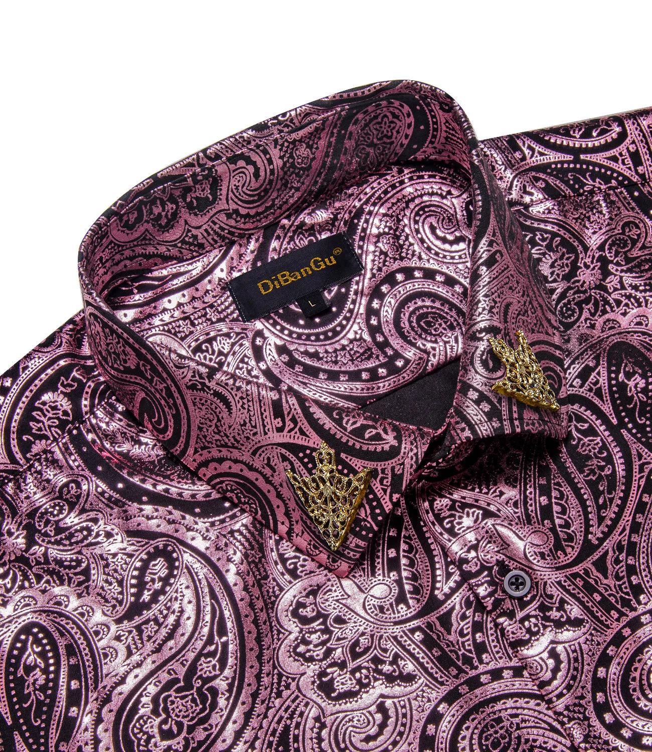 DiBanGu Rose Pink Paisley Hot Stamping Button Up Long Sleeve Shirt for Men