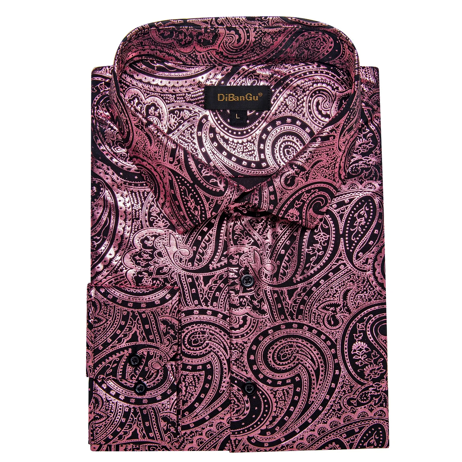 DiBanGu Rose Pink Paisley Hot Stamping Button Up Long Sleeve Shirt for Men