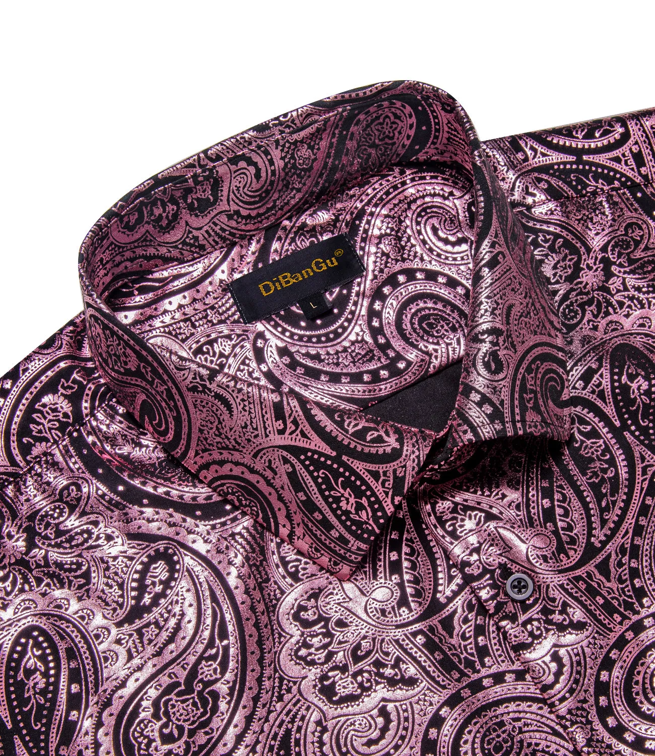 DiBanGu Rose Pink Paisley Hot Stamping Button Up Long Sleeve Shirt for Men