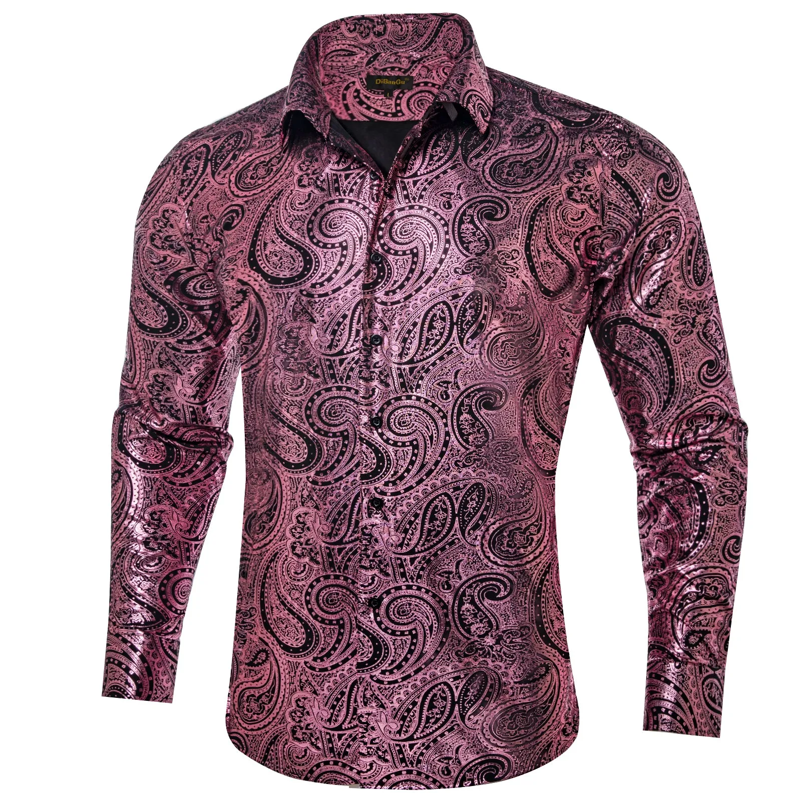 DiBanGu Rose Pink Paisley Hot Stamping Button Up Long Sleeve Shirt for Men