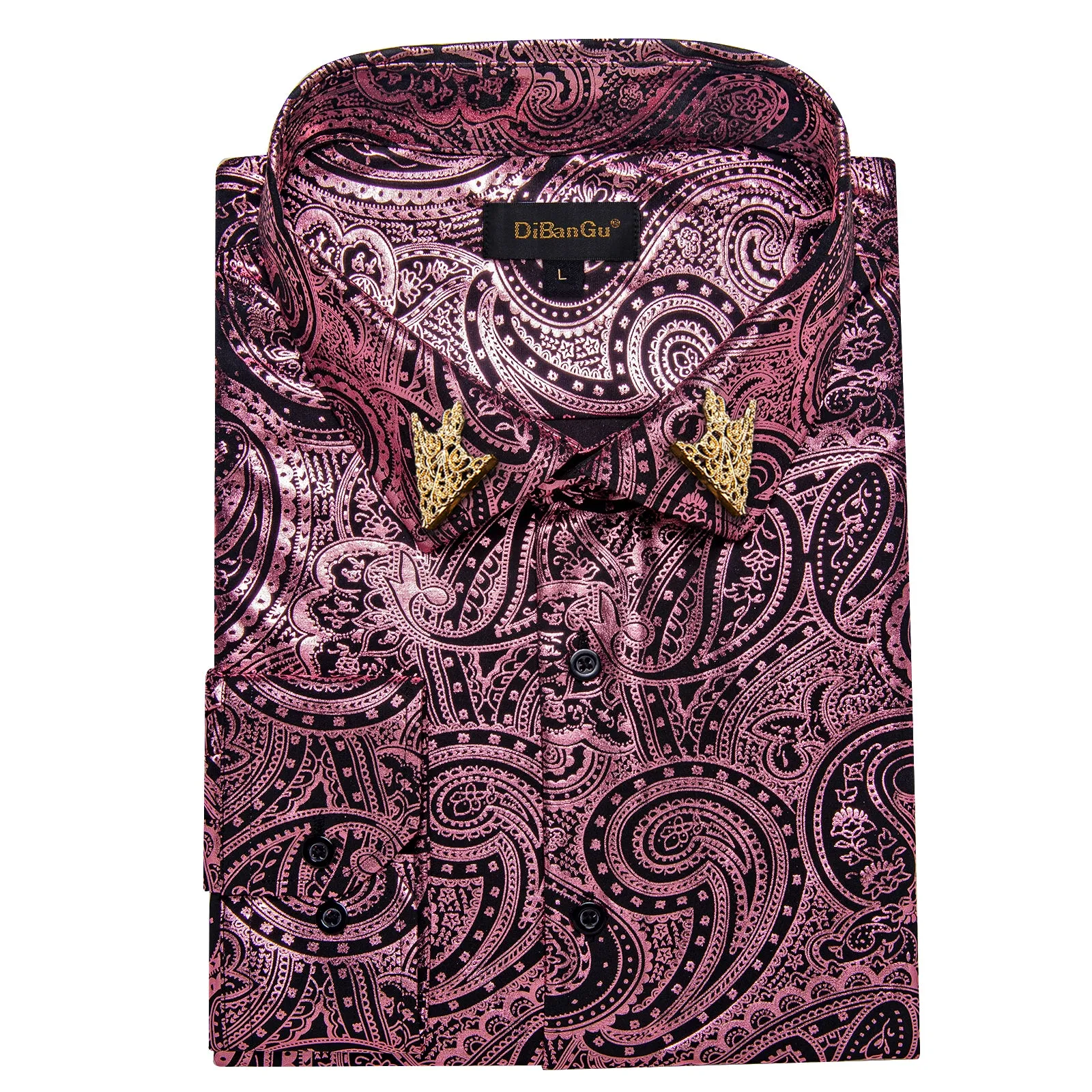 DiBanGu Rose Pink Paisley Hot Stamping Button Up Long Sleeve Shirt for Men