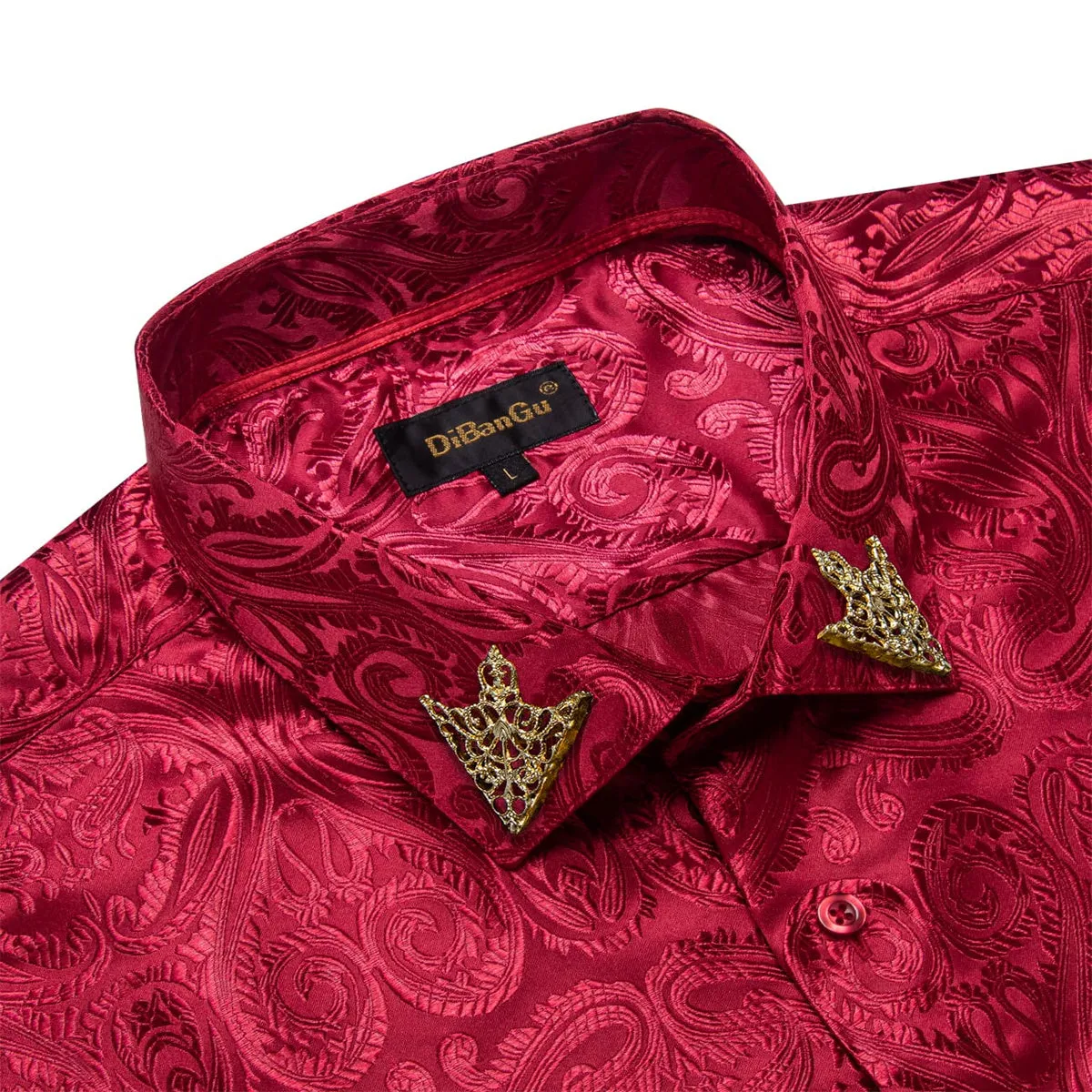 DiBanGu Shirt for Men Burgundy Paisley Long Sleeve Silk Button Up Wedding Dress Shirt