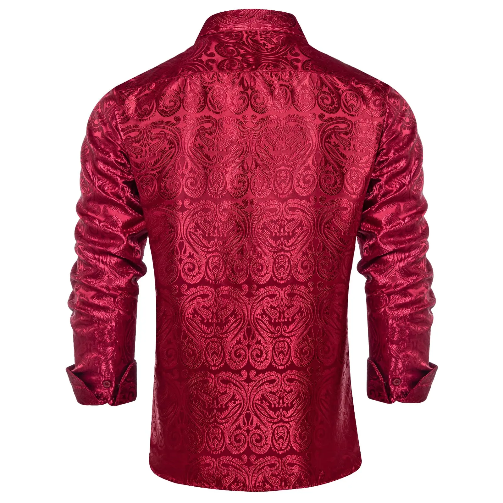 DiBanGu Shirt for Men Burgundy Paisley Long Sleeve Silk Button Up Wedding Dress Shirt