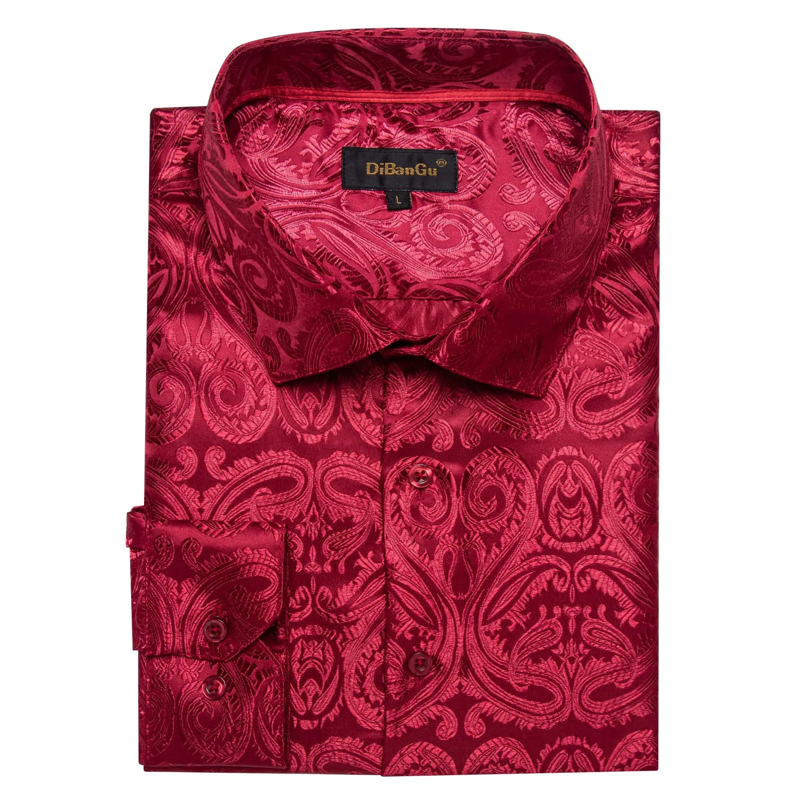 DiBanGu Shirt for Men Burgundy Paisley Long Sleeve Silk Button Up Wedding Dress Shirt