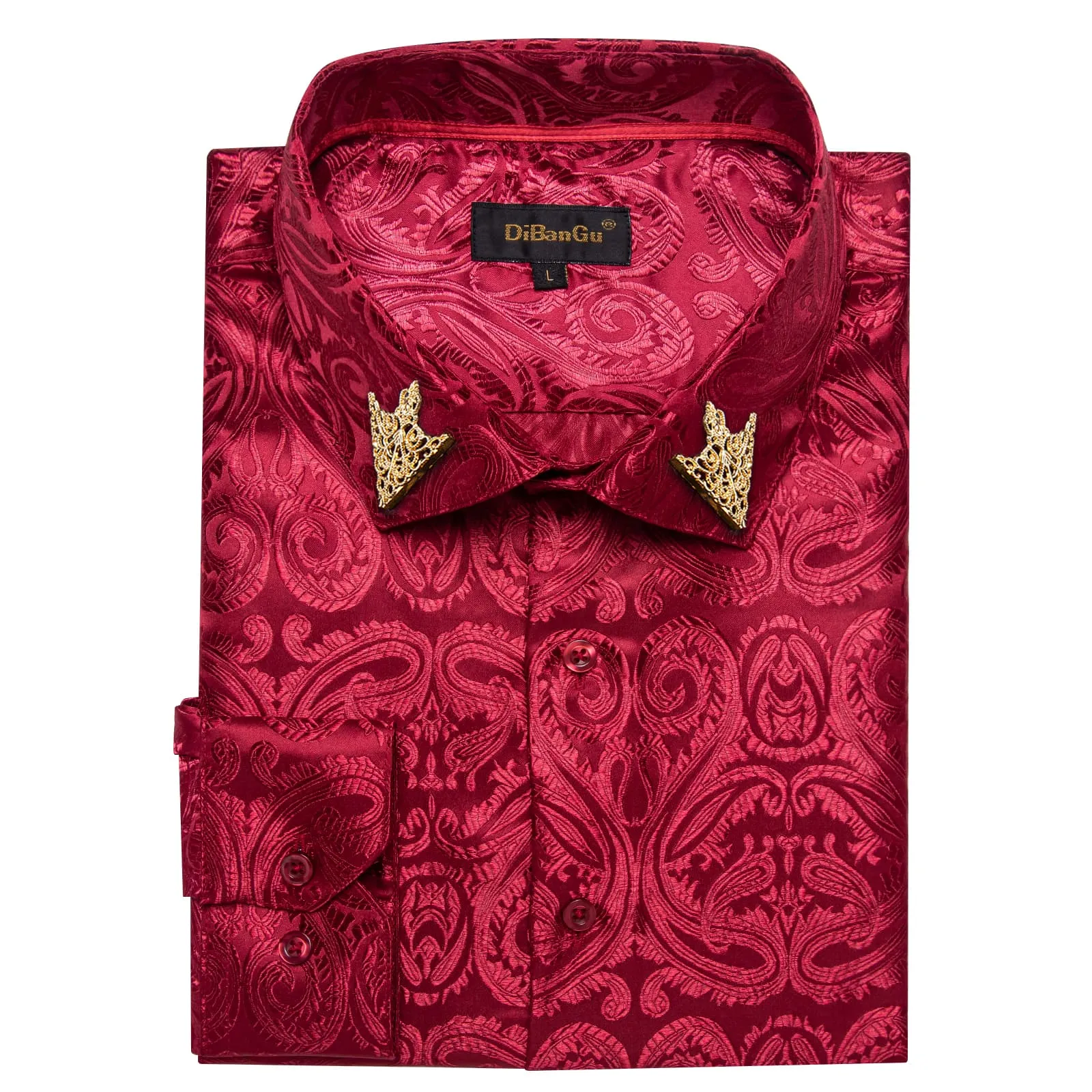 DiBanGu Shirt for Men Burgundy Paisley Long Sleeve Silk Button Up Wedding Dress Shirt