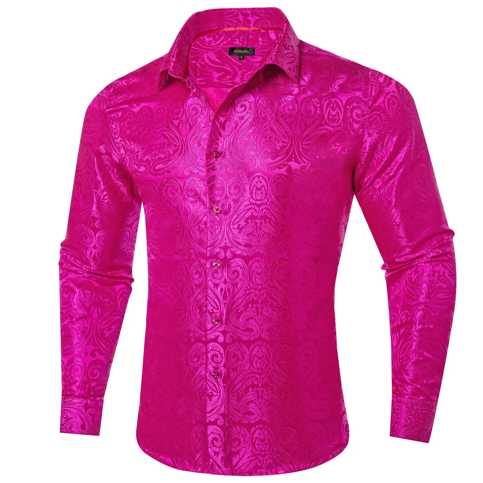 DiBanGu Shirt for Men Fashion Fuchsia Pink Paisley Button Long Sleeve Silk Shirt